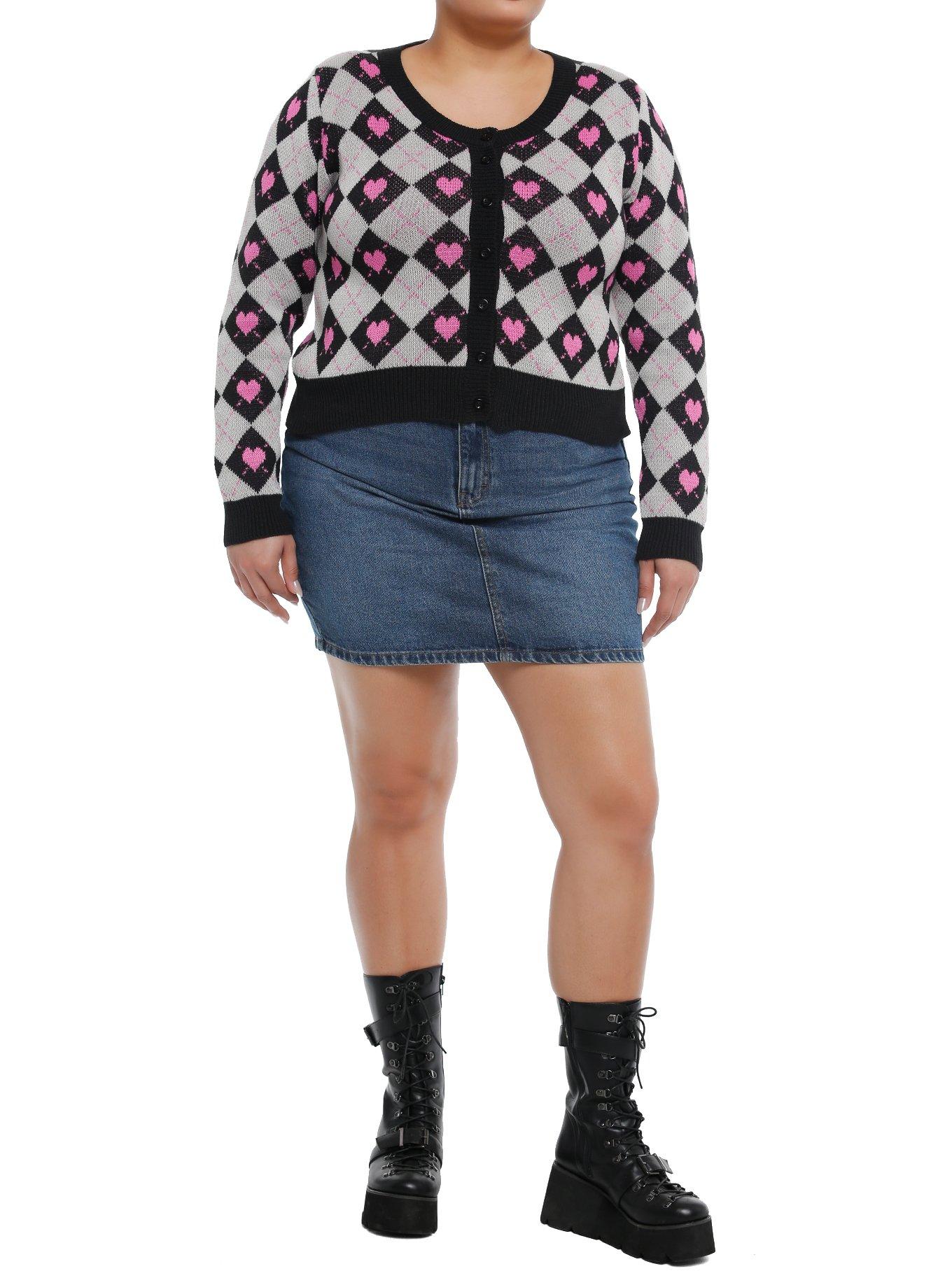 Black & Grey Argyle Heart Girls Cardigan Plus Size, BLACK, alternate