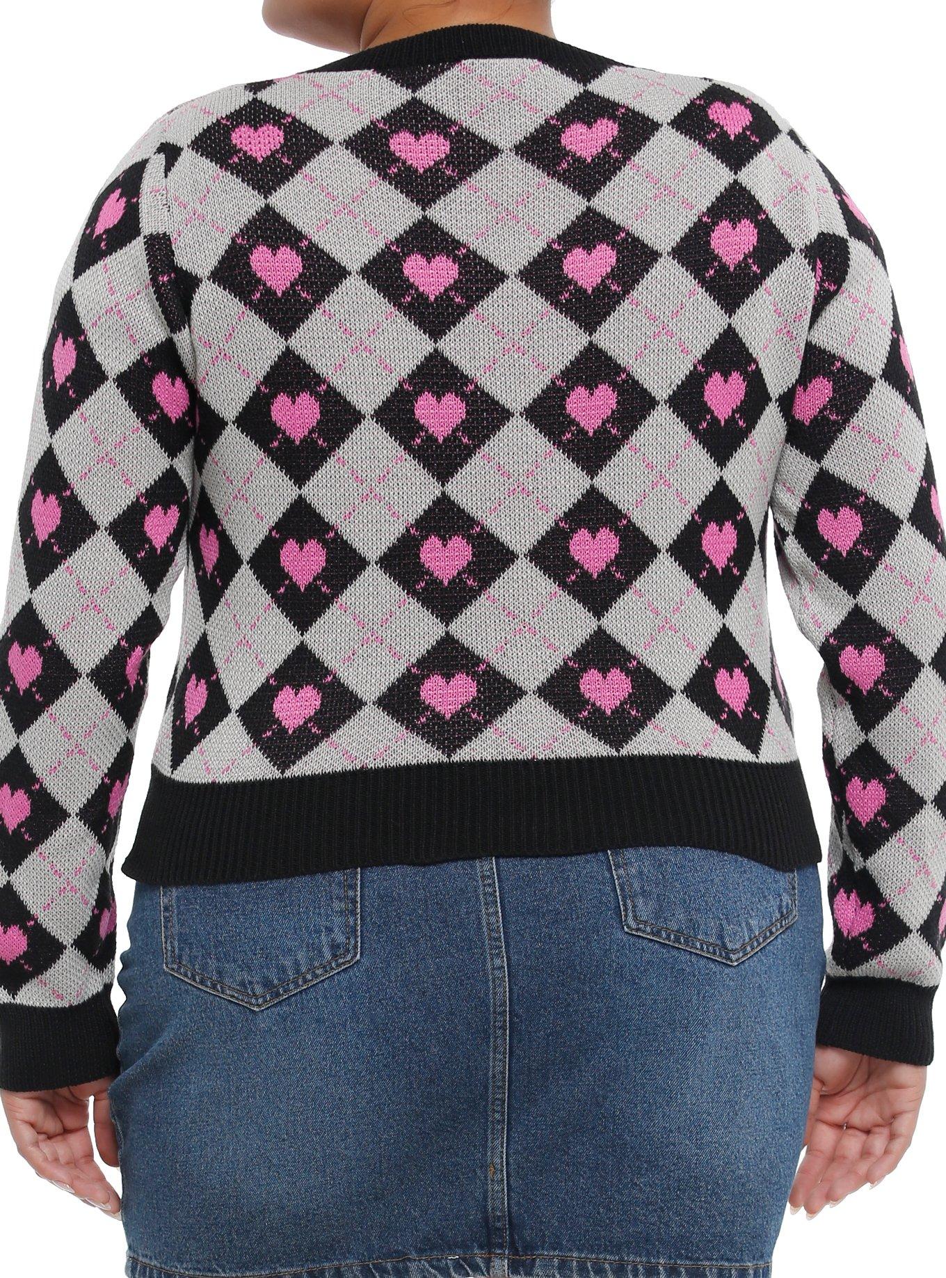 Black & Grey Argyle Heart Girls Cardigan Plus Size, BLACK, alternate