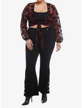 Thorn & Fable® Burgundy & Black Velvet Rose Tie-Front Long-Sleeve Girls Top Plus Size, , hi-res