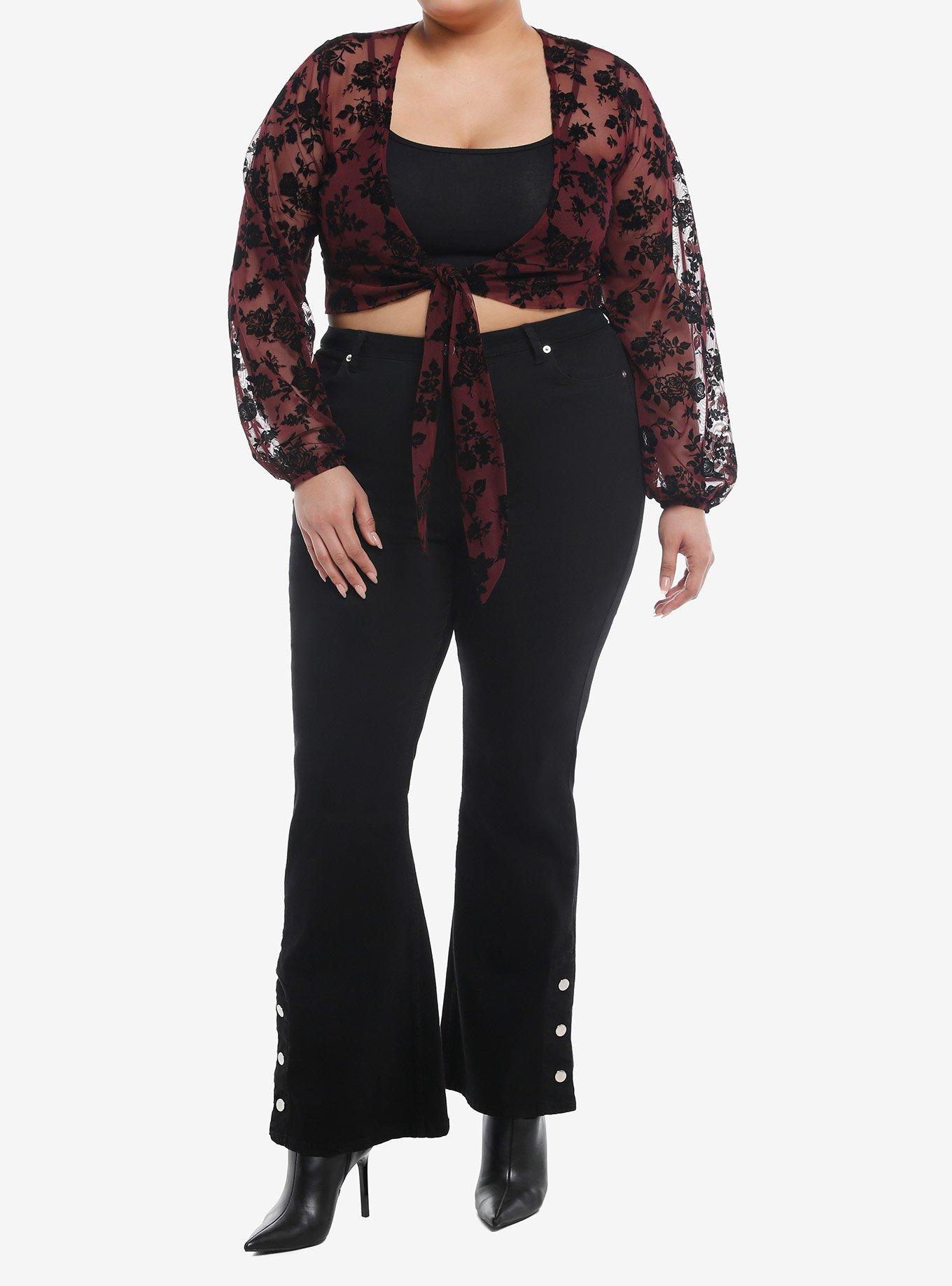 Thorn & Fable® Burgundy & Black Velvet Rose Tie-Front Long-Sleeve Girls Top Plus Size, , hi-res