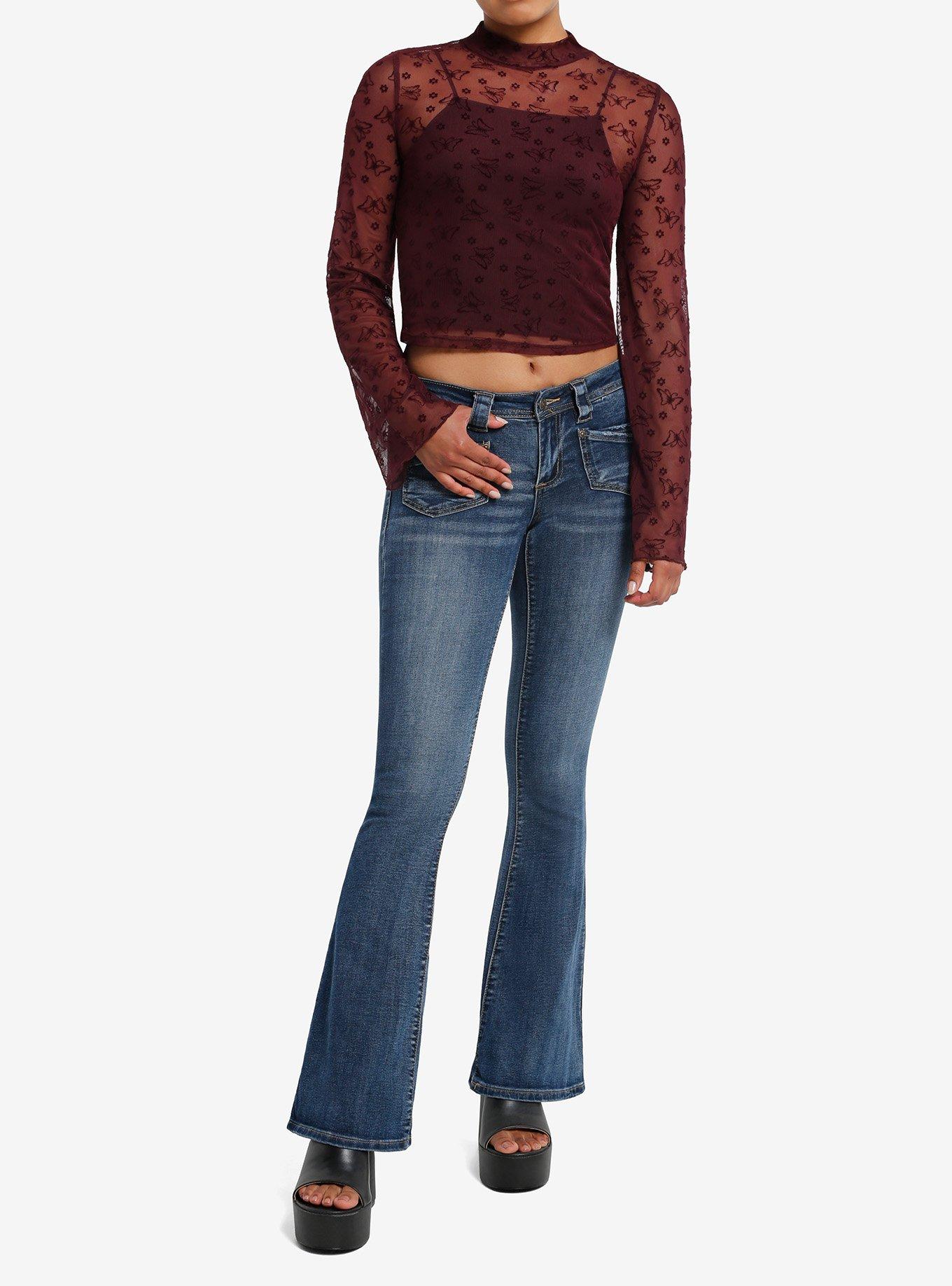 Maroon Floral Mesh Girls Long-Sleeve Top, , hi-res