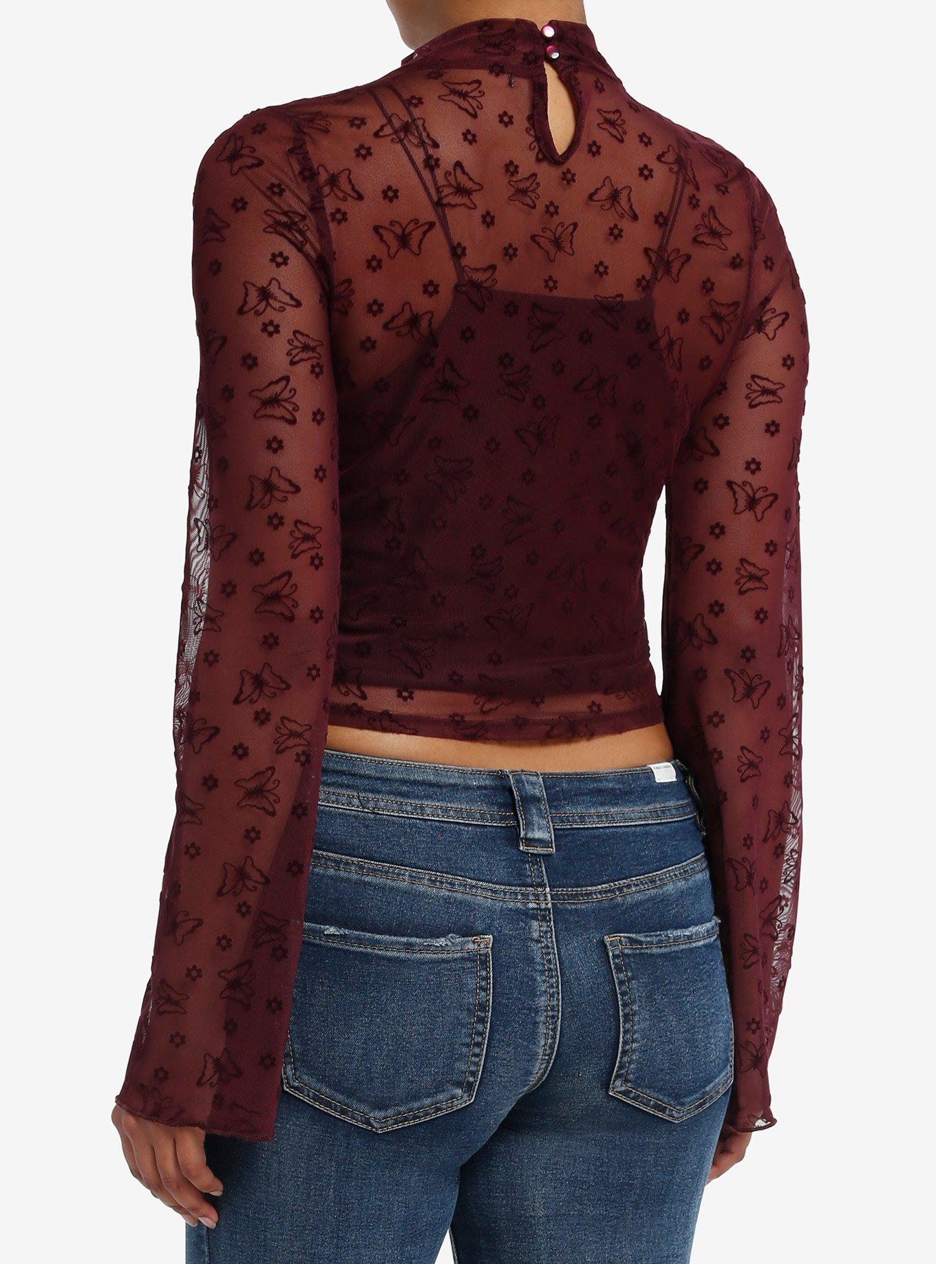 Maroon Floral Mesh Girls Long-Sleeve Top, MAROON, alternate