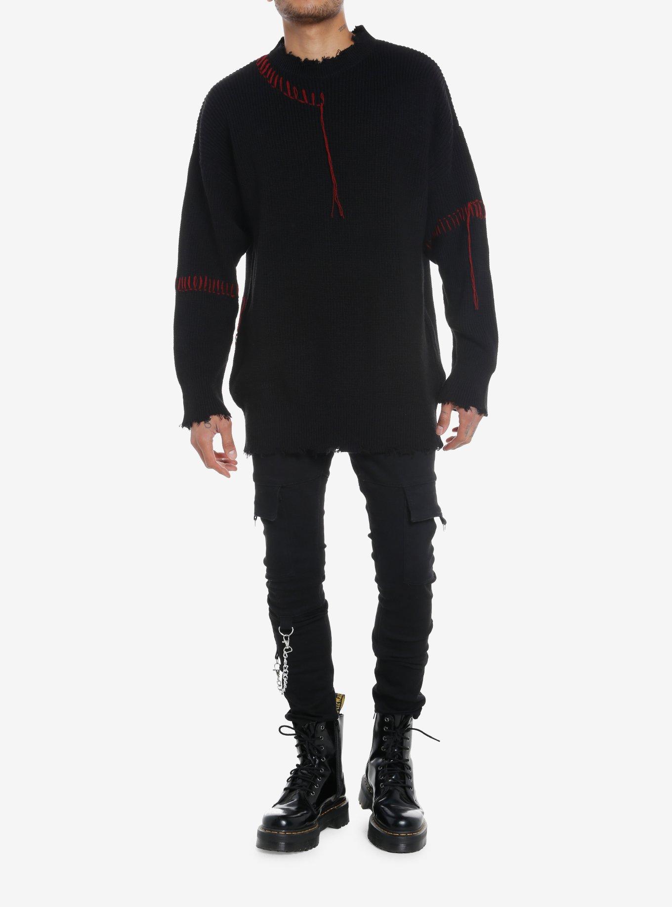 Black Distressed Red Stitch Sweater, , alternate