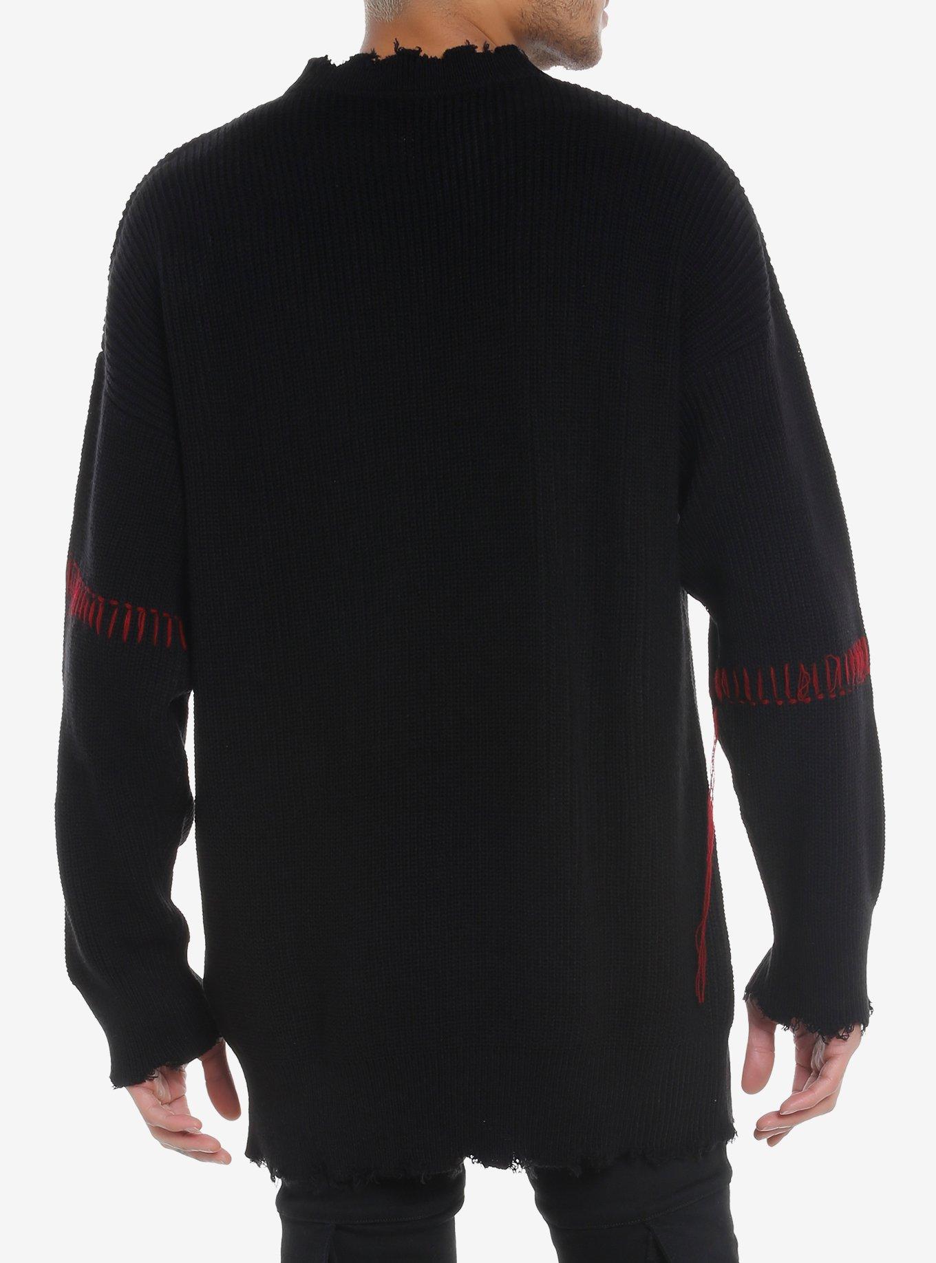 Black Distressed Red Stitch Sweater, , alternate