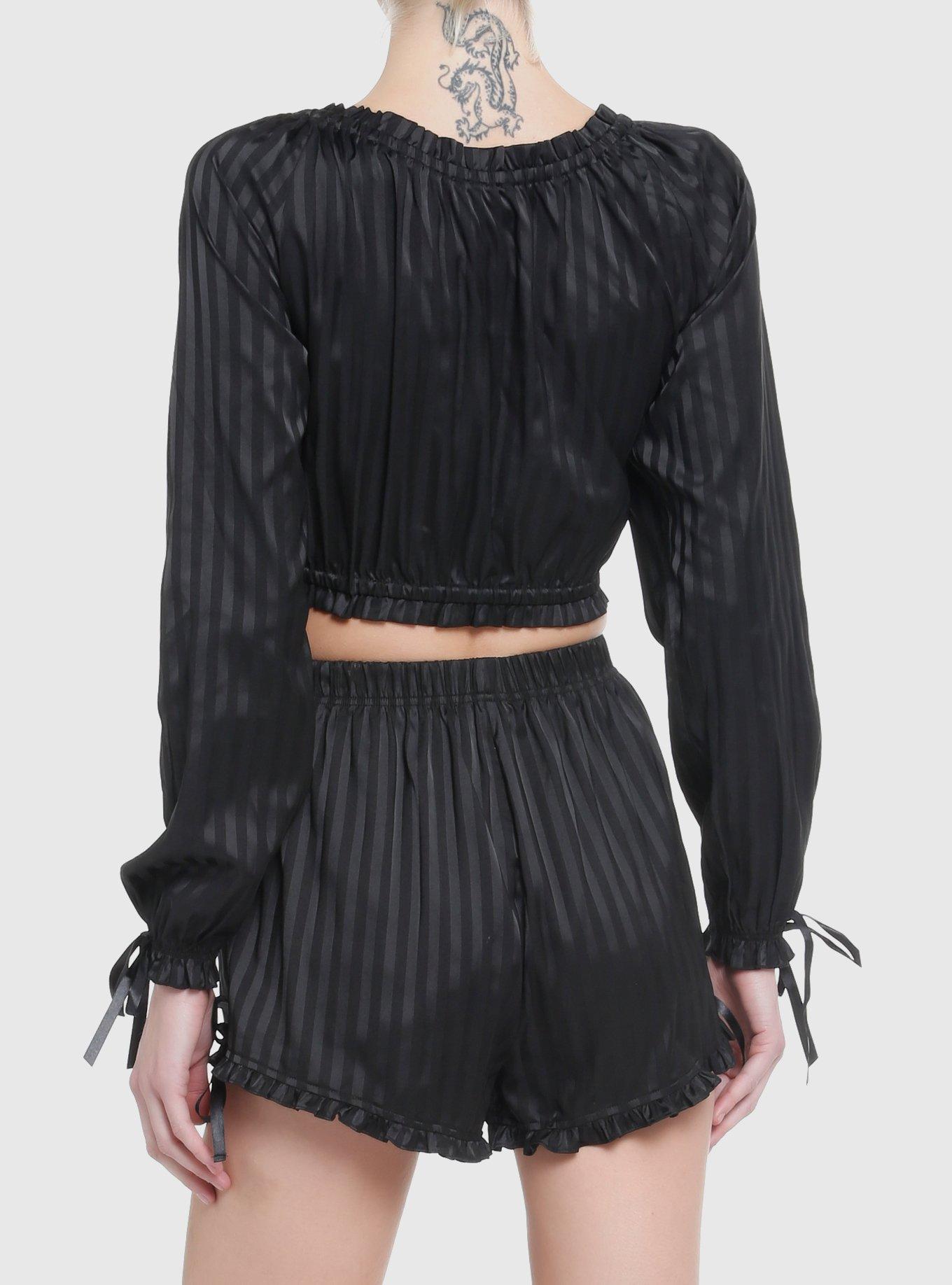 Goth Black Pinstripe Girls Lounge Top, BLACK, alternate