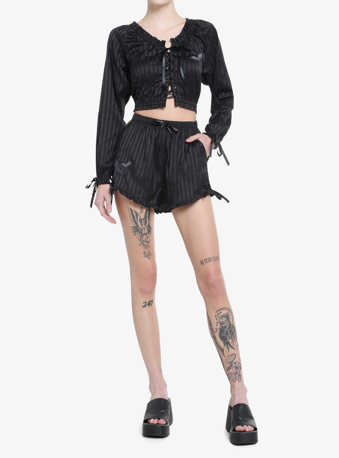 Goth Black Pinstripe Girls Lounge Shorts, , hi-res