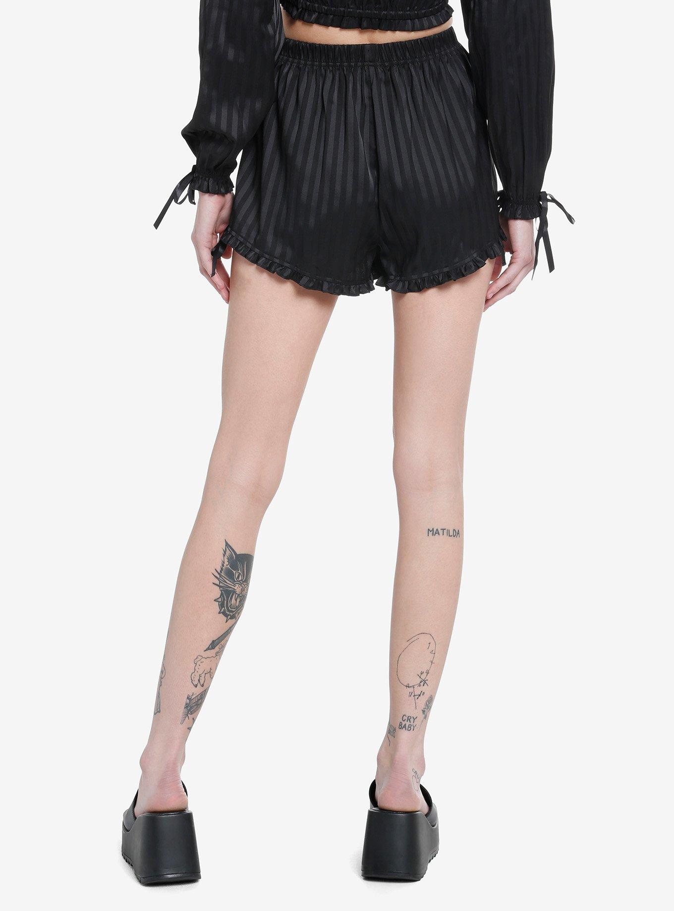 Goth Black Pinstripe Girls Lounge Shorts, BLACK, alternate