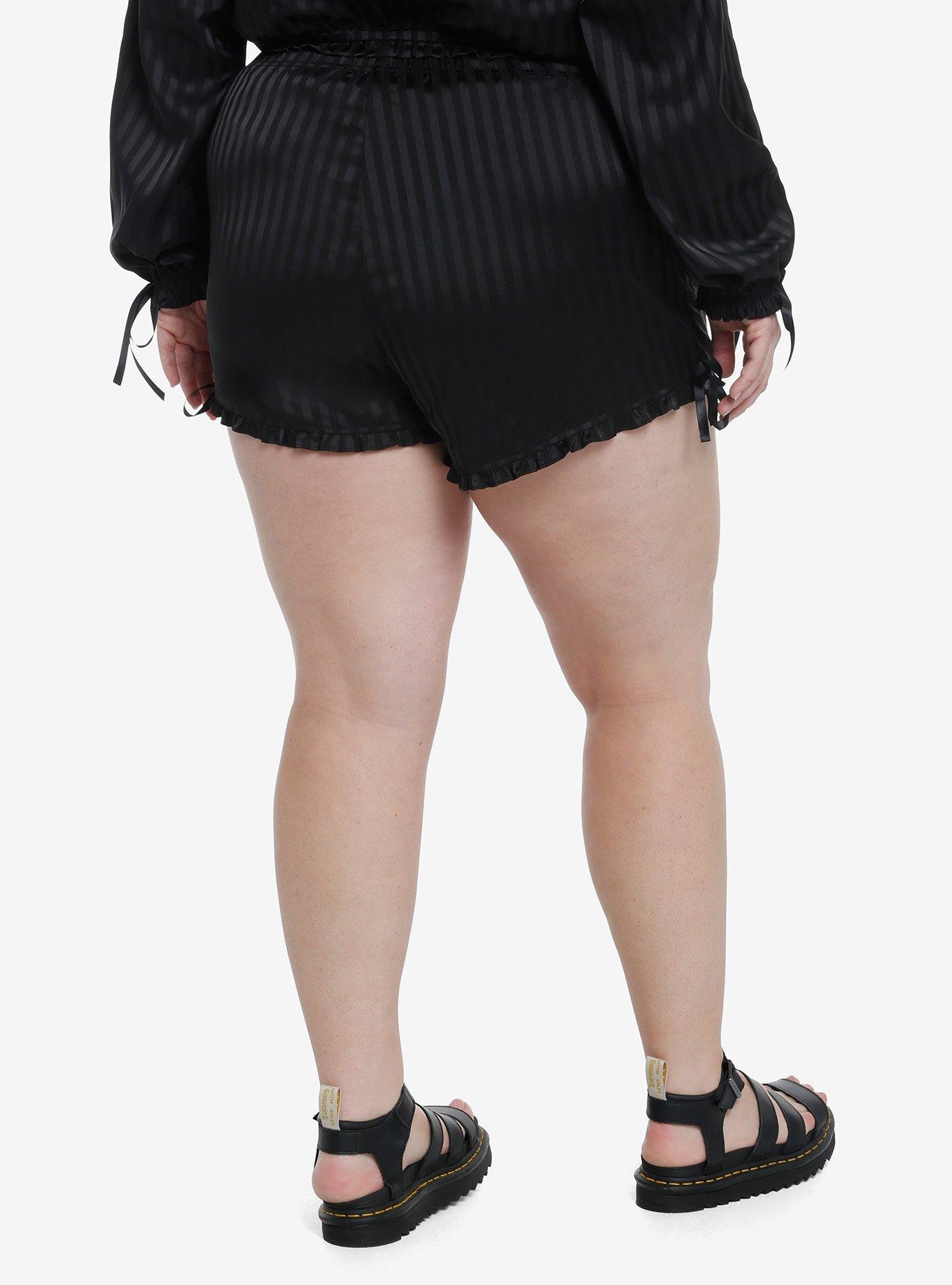 Goth Black Pinstripe Girls Lounge Shorts Plus Size, BLACK, alternate