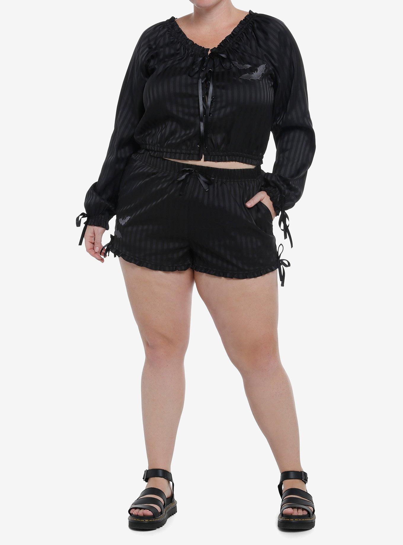Goth Black Pinstripe Girls Lounge Shorts Plus Size, BLACK, alternate
