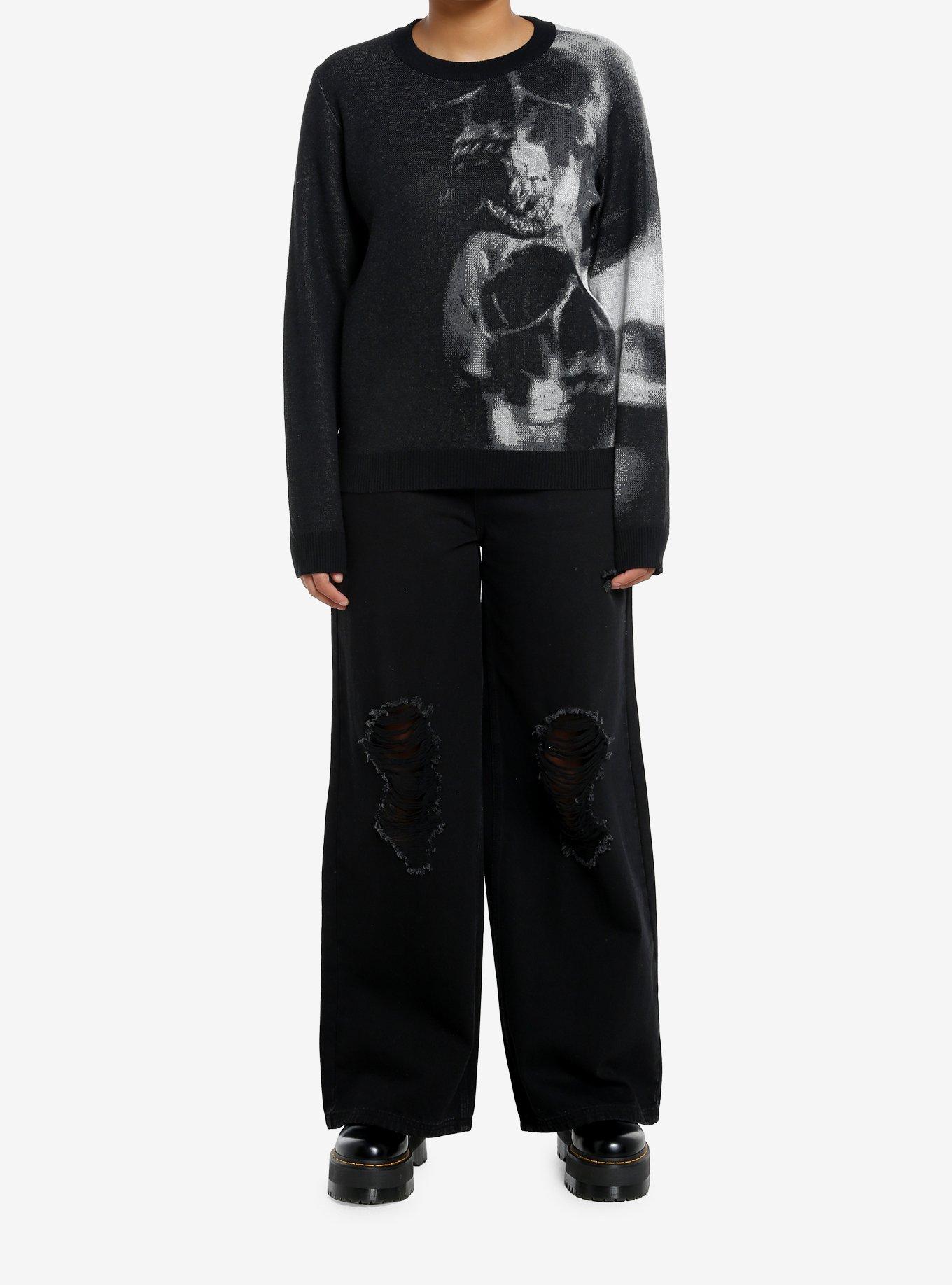 Social Collision Blurry Skull Girls Knit Sweater, , hi-res