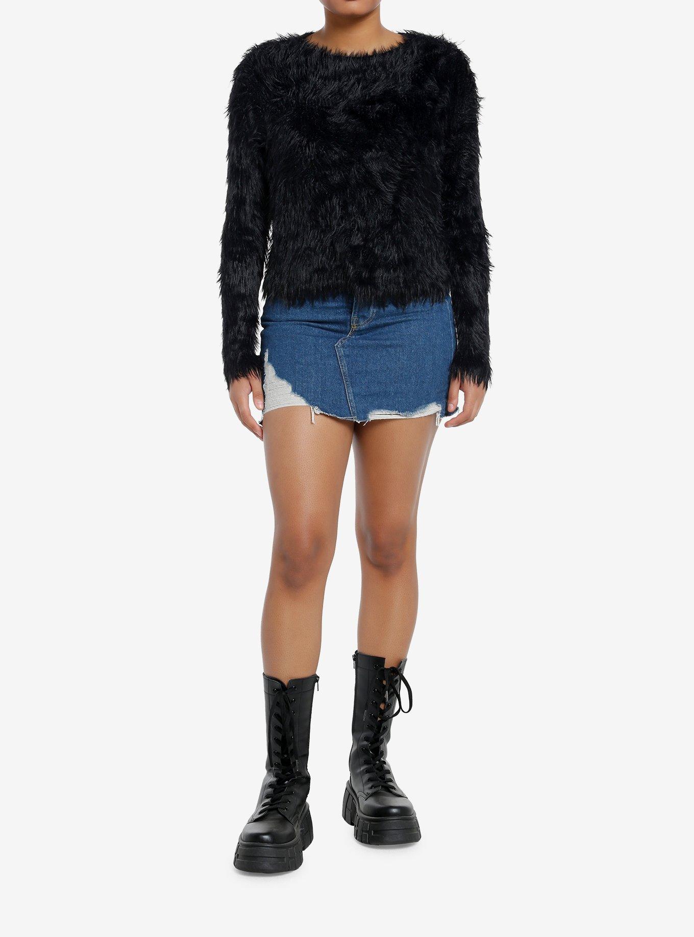 Social Collision Black Fuzzy Shag Girls Sweater, , hi-res