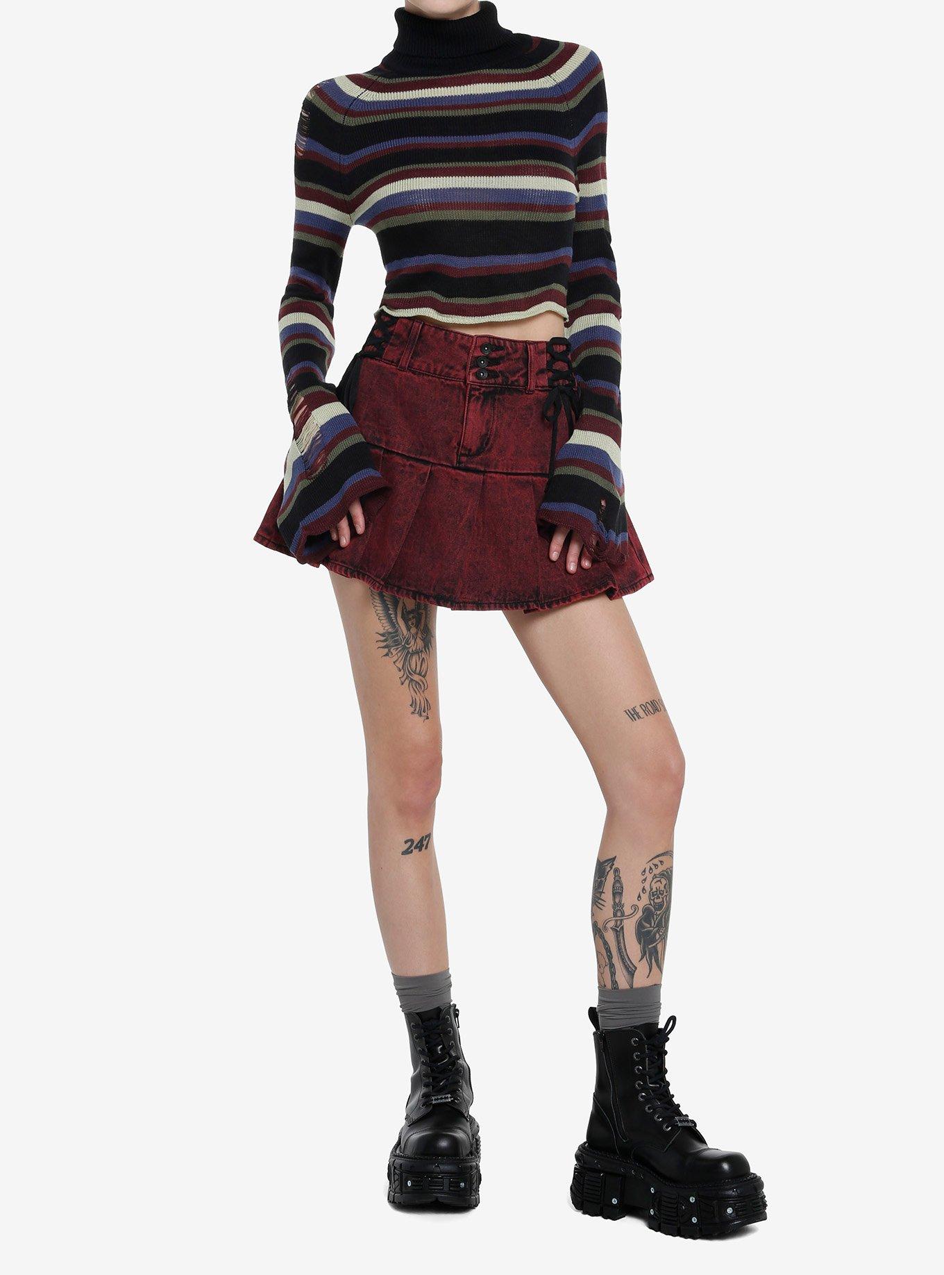 Social Collision Distressed Multicolor Stripe Girls Crop Turtleneck, MULTI, alternate