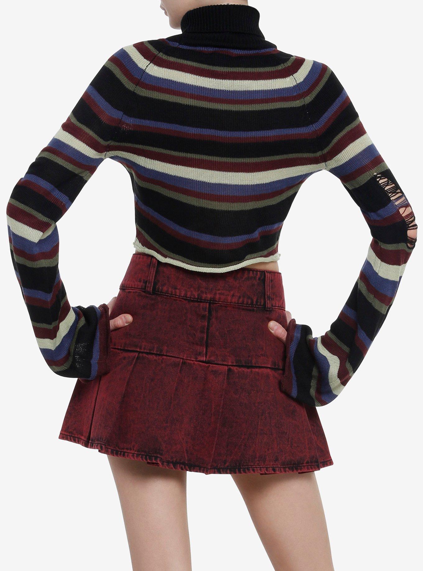 Social Collision Distressed Multicolor Stripe Girls Crop Turtleneck, MULTI, alternate