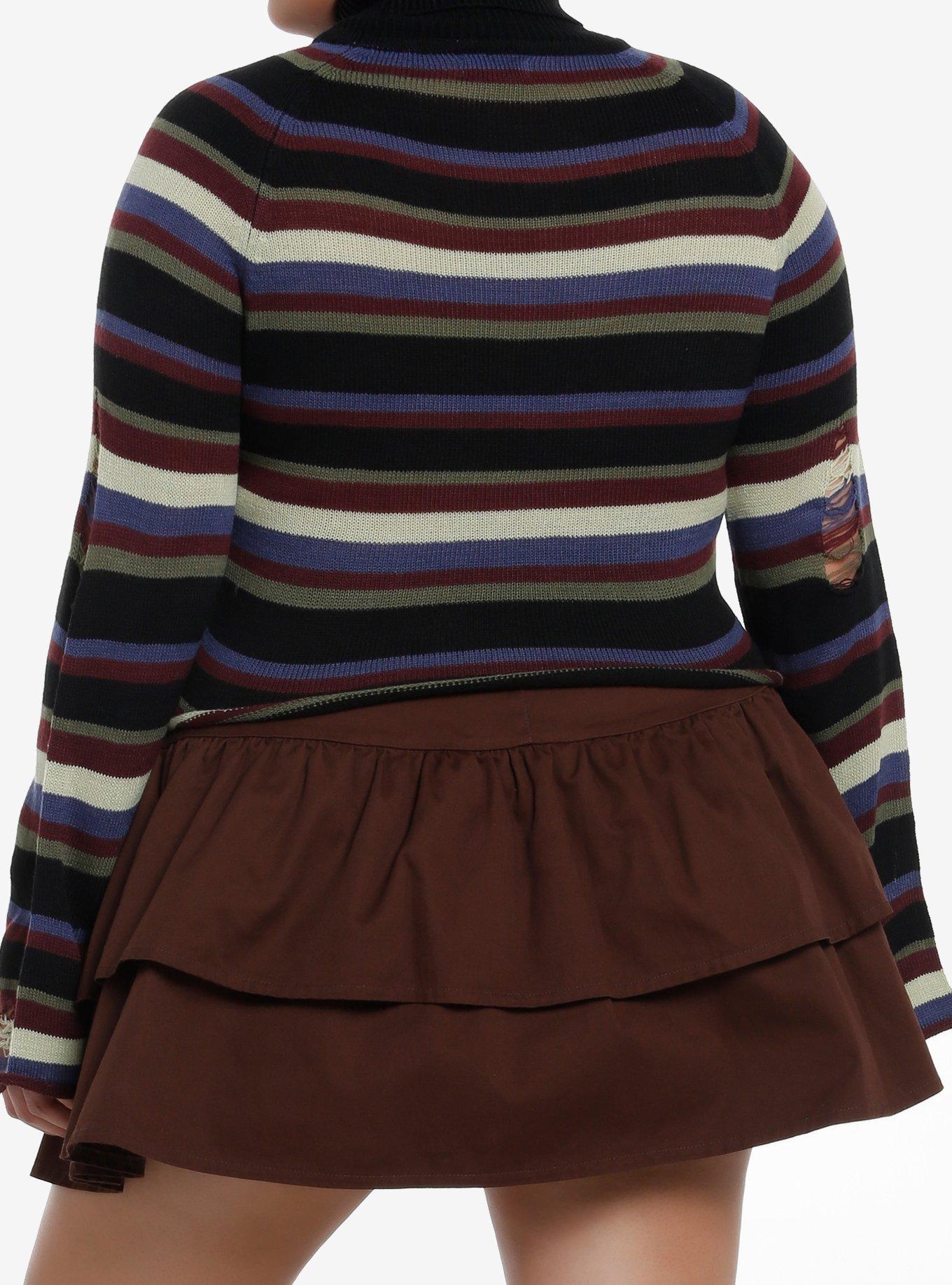 Social Collision Distressed Multicolor Stripe Girls Crop Turtleneck Plus Size, MULTI, alternate