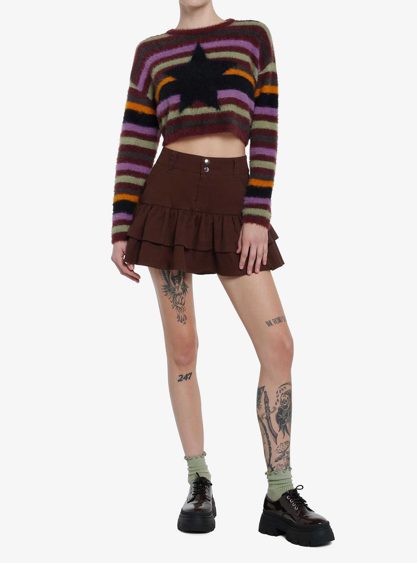Social Collision Fuzzy Multicolor Stripe Star Girls Crop Sweater, , hi-res
