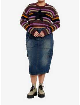 Social Collision Fuzzy Multicolor Stripe Star Girls Crop Sweater Plus Size, , hi-res