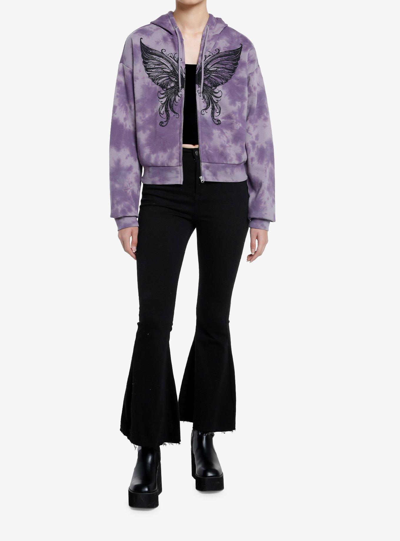 Thorn & Fable Butterfly Purple Tie-Dye Girls Crop Hoodie, BLACK, alternate