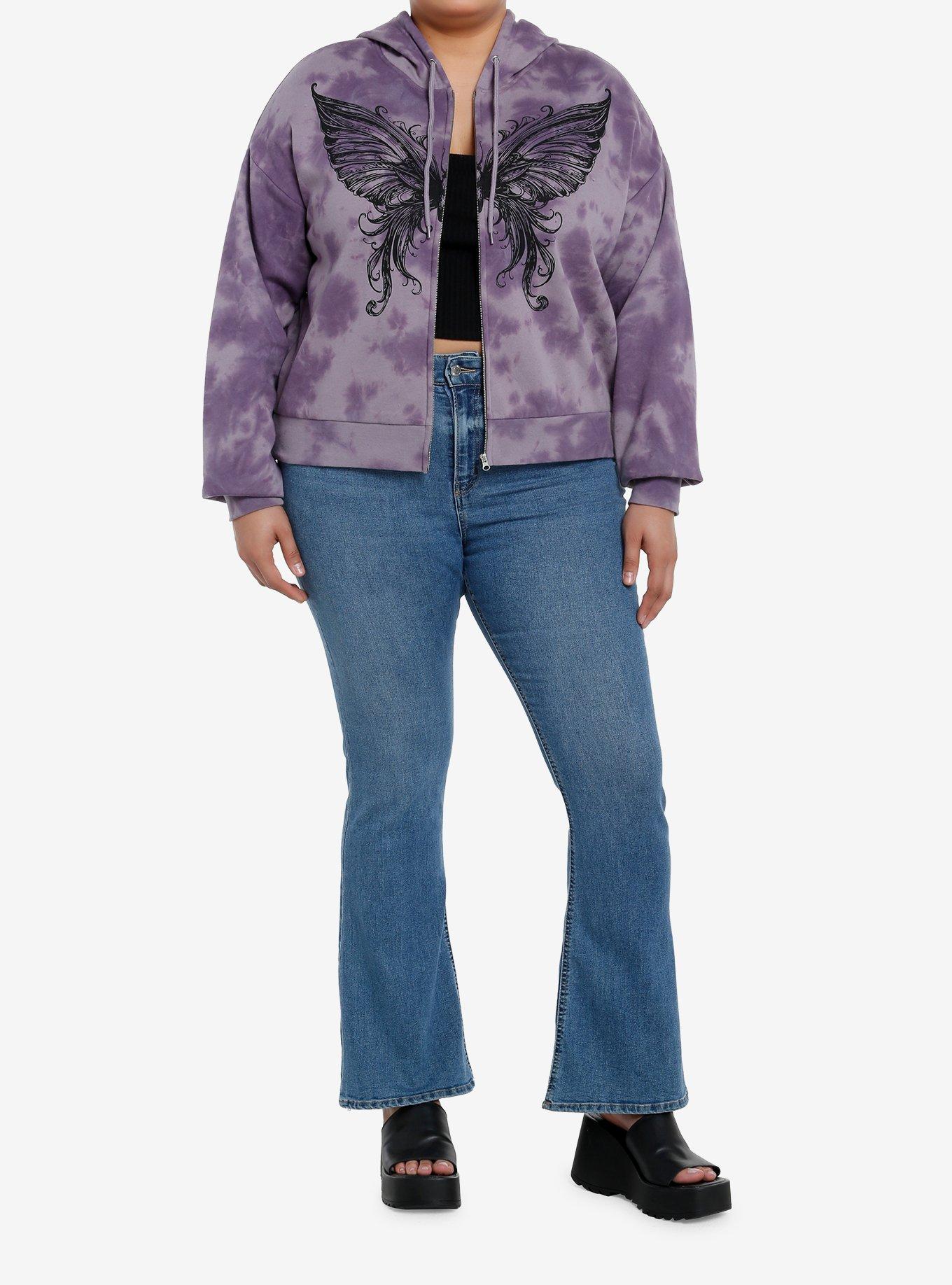 Thorn & Fable Butterfly Purple Tie-Dye Girls Crop Hoodie Plus Size, BLACK, alternate