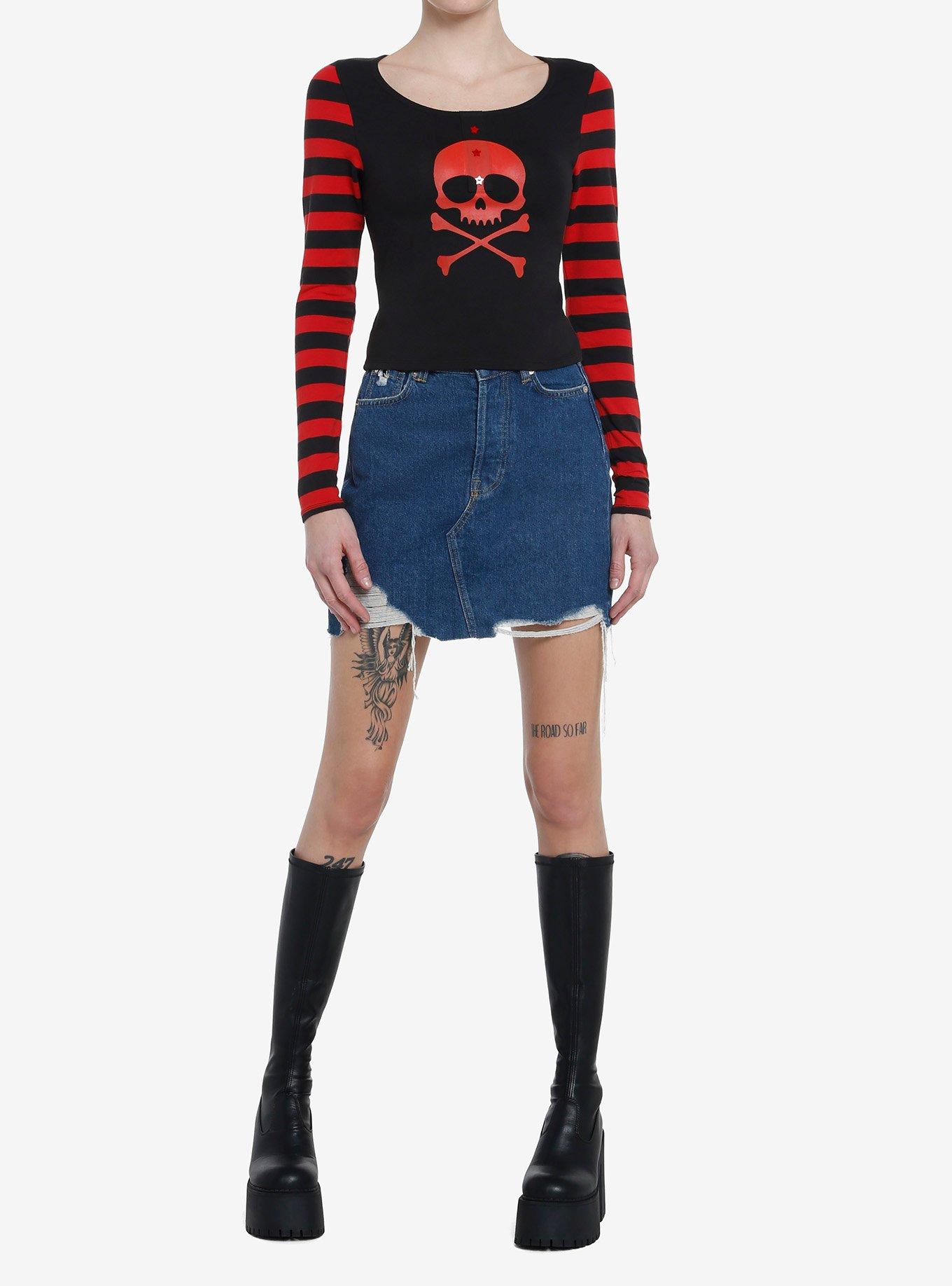 Social Collision Red Skull Striped Girls Long-Sleeve Top, , hi-res