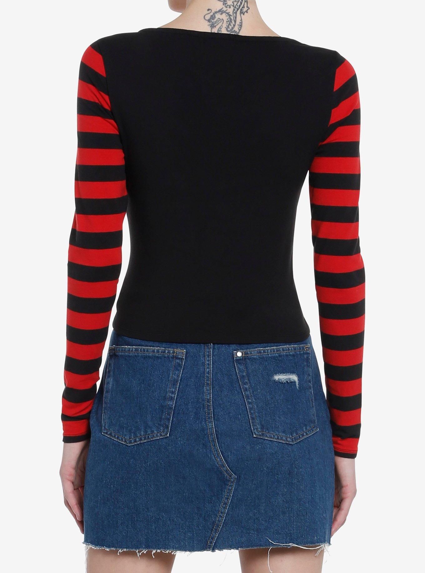 Social Collision Red Skull Striped Girls Long-Sleeve Top, RED, alternate