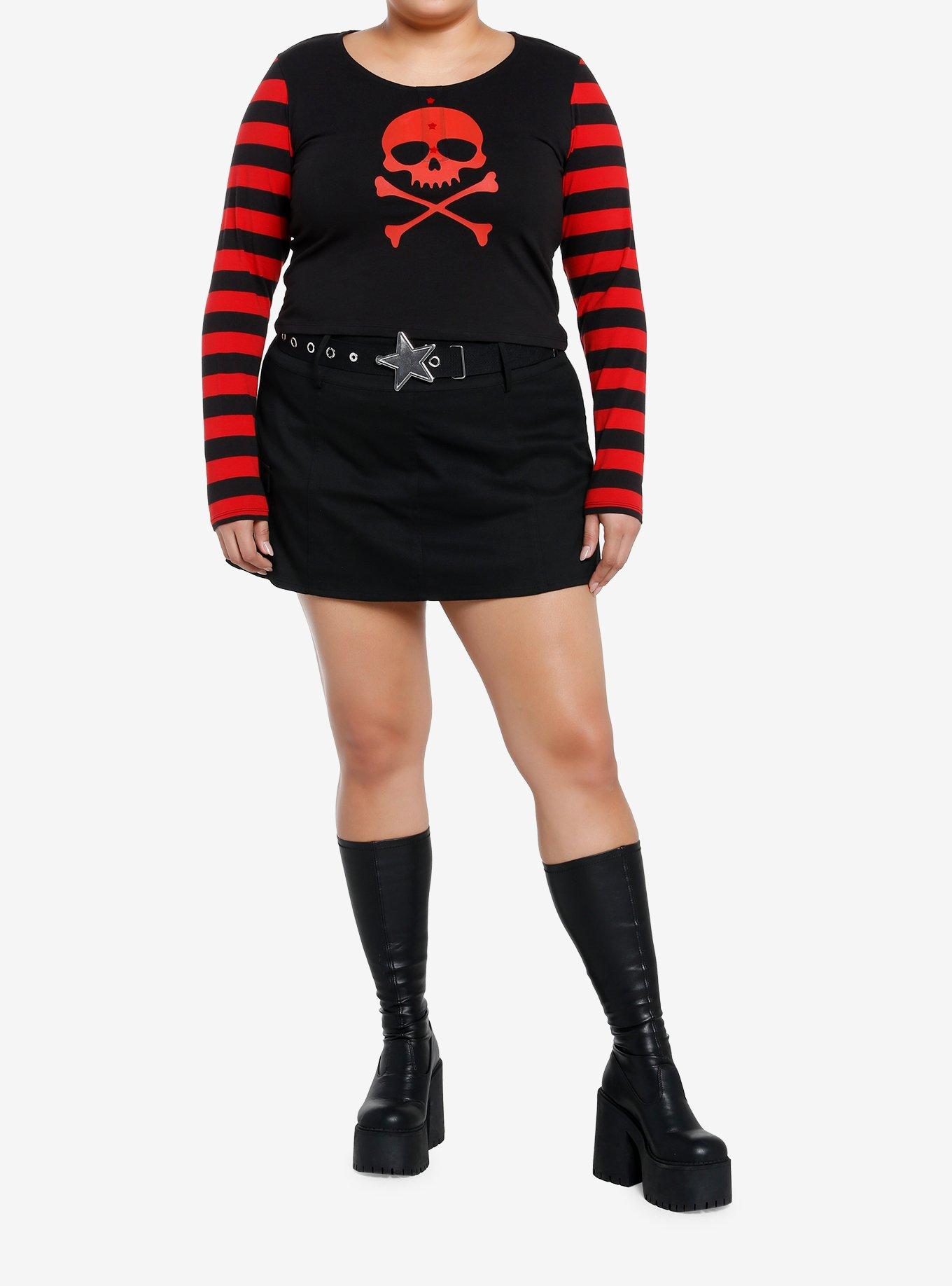 Social Collision Red Skull Striped Girls Long-Sleeve Top Plus Size, RED, alternate