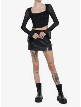 Cosmic Aura Black Corset Mesh Girls Long-Sleeve Crop Top, , hi-res