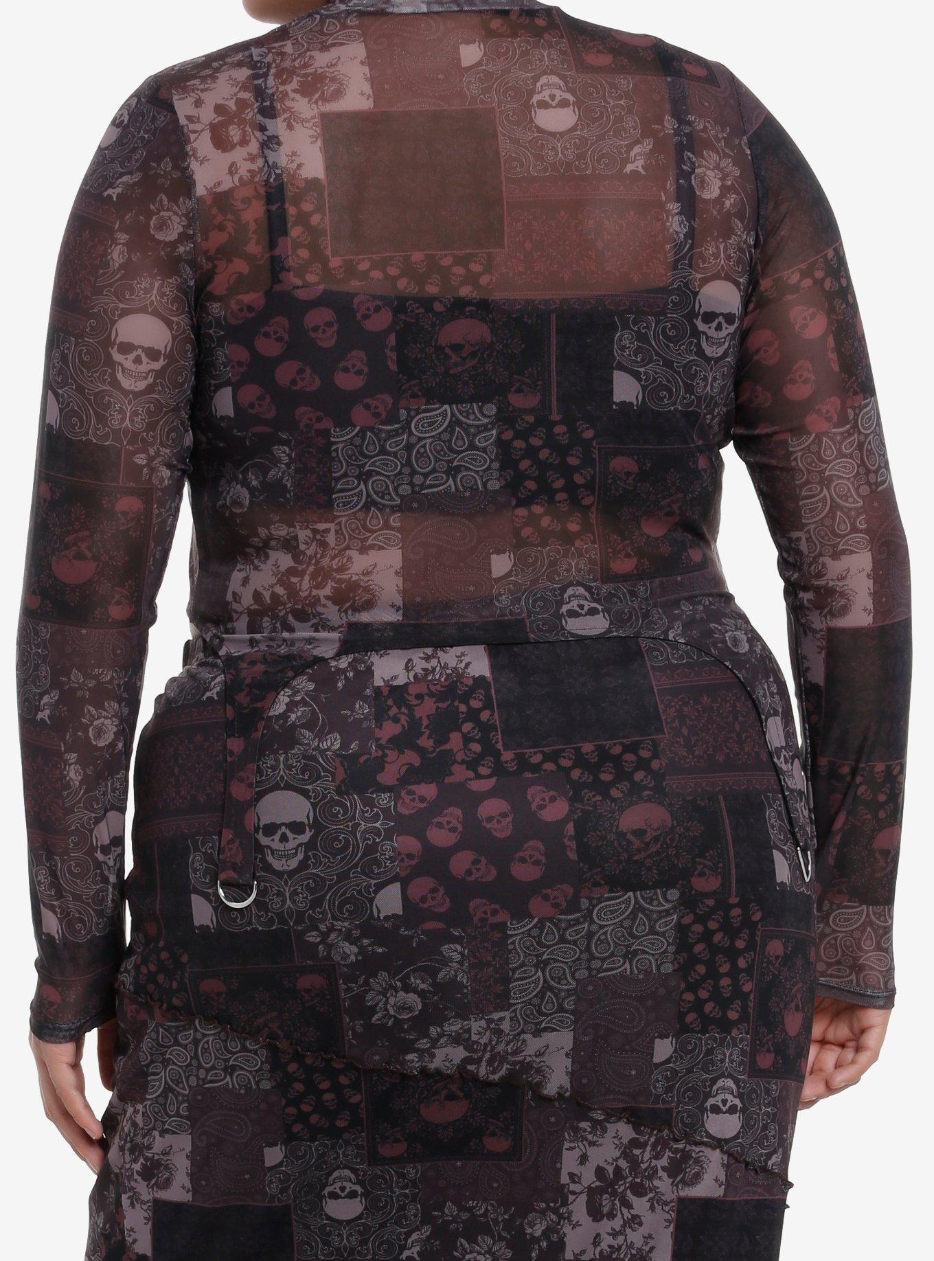 Social Collision Skull Paisley Patchwork Mesh Girls Turtleneck Plus Size, PURPLE, alternate