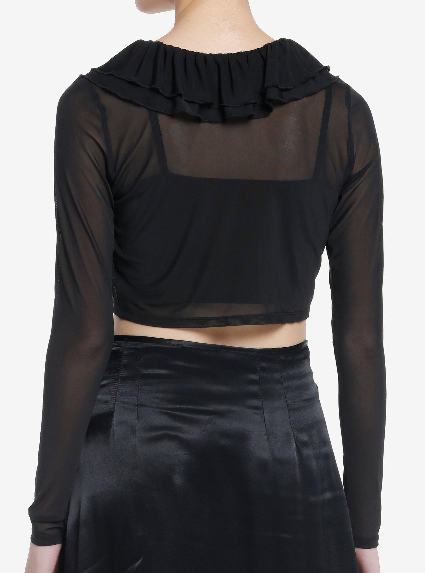 Social Collision Ruffle Tie-Front Girls Mesh Long-Sleeve Crop Top, BLACK, alternate