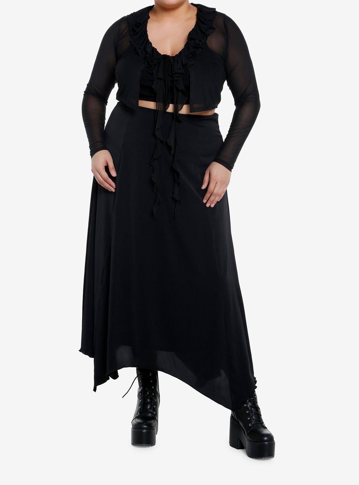 Social Collision Ruffle Tie-Front Girls Mesh Long-Sleeve Crop Top Plus Size, BLACK, alternate
