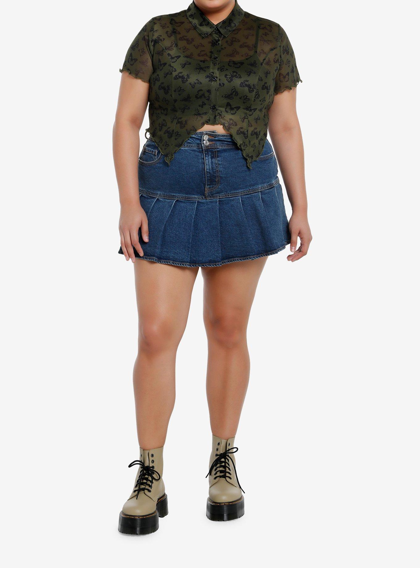 Social Collision Butterfly Mesh Jagged Hem Girls Crop Button-Up Plus Size, BLACK, alternate