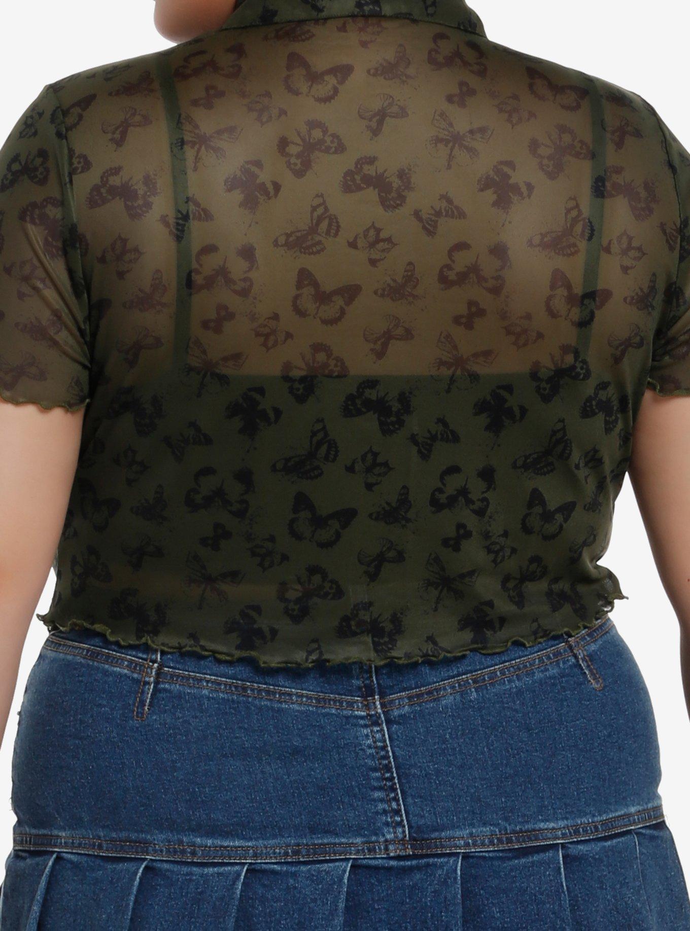 Social Collision Butterfly Mesh Jagged Hem Girls Crop Button-Up Plus Size, BLACK, alternate