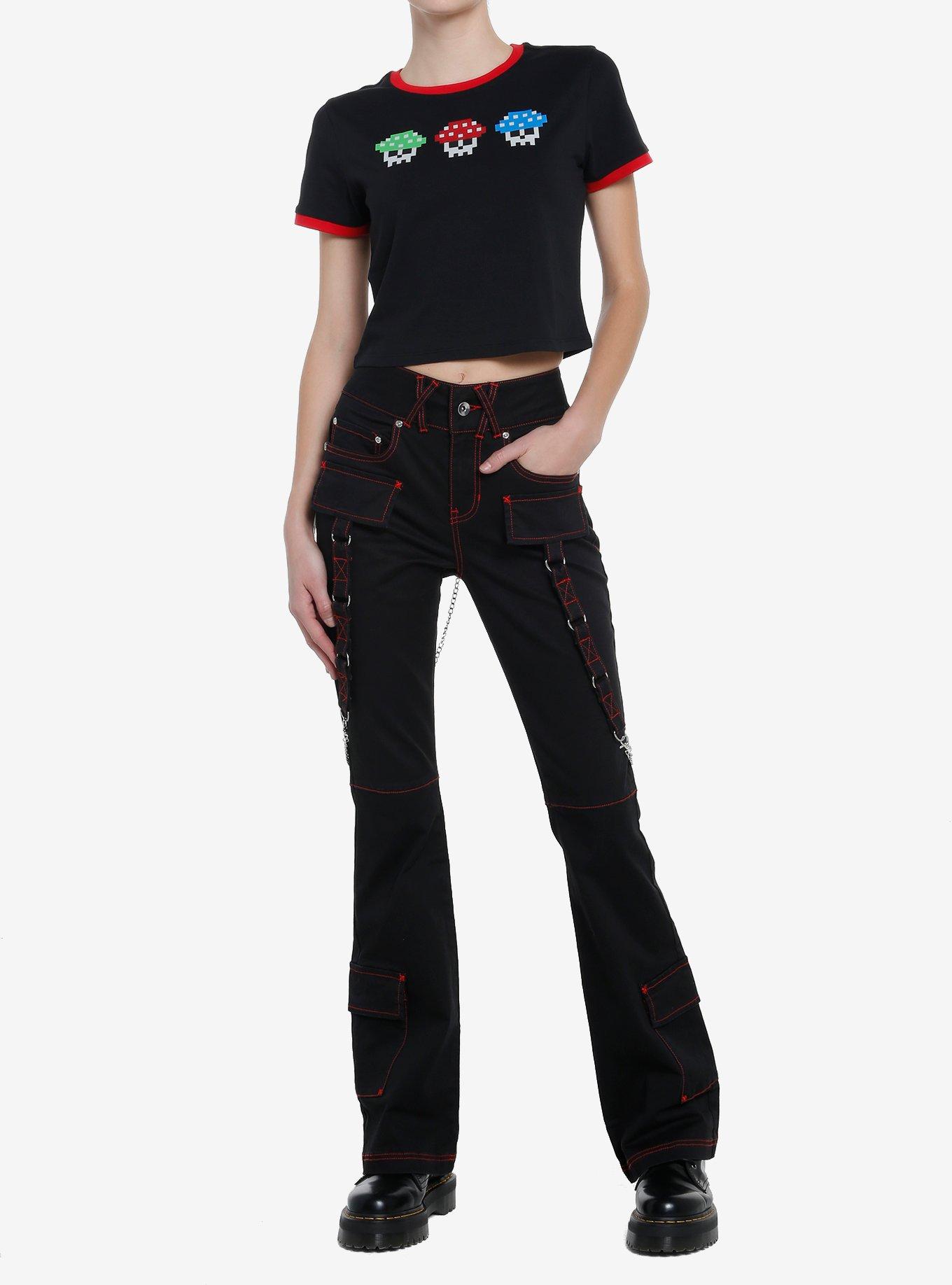 Social Collision Gamer Skull Mushroom Girls Ringer Crop T-Shirt, RED, alternate