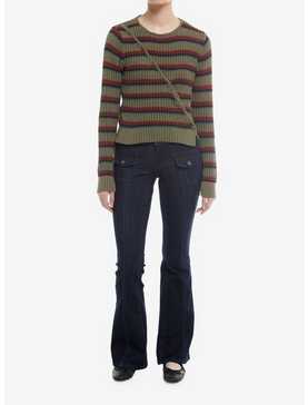 Daisy Street Brown & Green Stripe Asymmetrical Button Girls Sweater, , hi-res