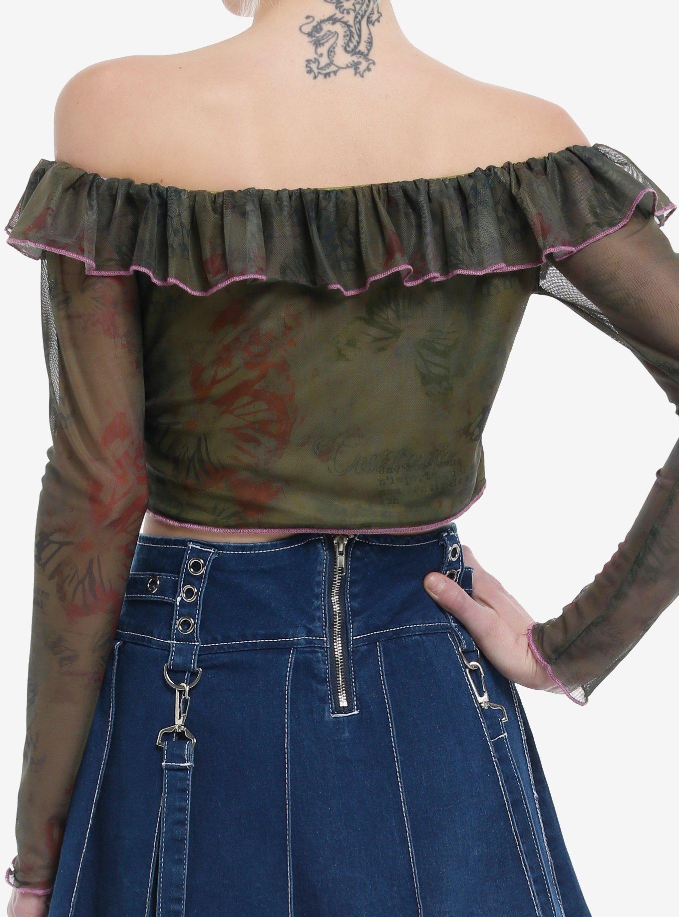 Grunge Butterfly Floral Off-The-Shoulder Crop Top, GREEN, alternate