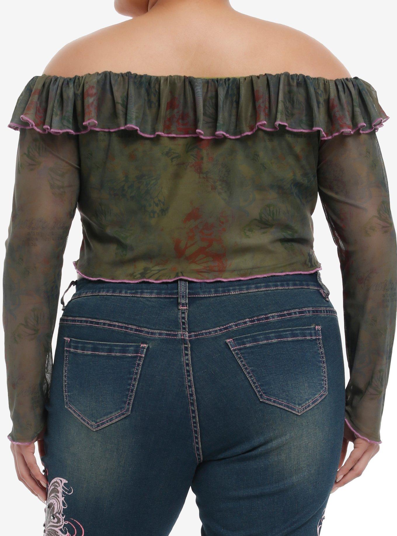 Grunge Butterfly Floral Off-The-Shoulder Crop Top Plus Size, GREEN, alternate