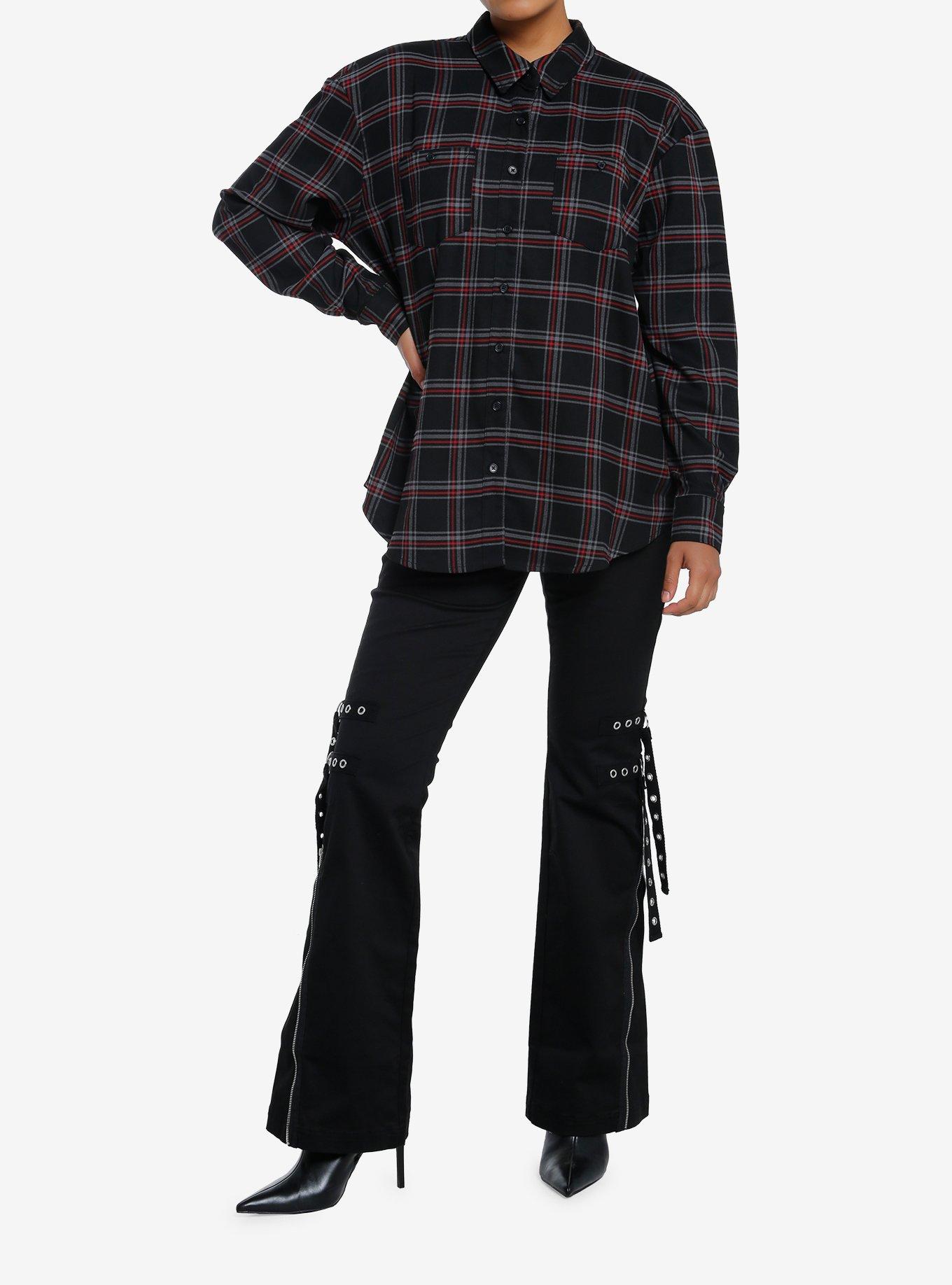 Social Collision Black & Red Plaid Skull Stud Girls Flannel Button-Up, RED, alternate