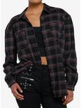 Social Collision Black & Red Plaid Skull Stud Girls Flannel Button-Up, RED, alternate