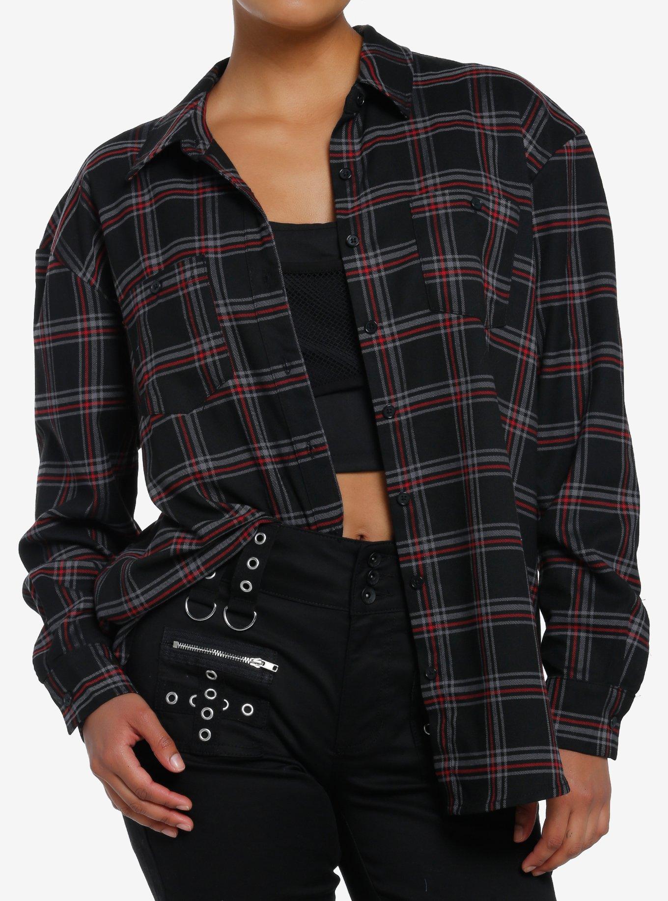 Social Collision Black & Red Plaid Skull Stud Girls Flannel Button-Up, RED, alternate