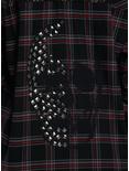 Social Collision Black & Red Plaid Skull Stud Girls Flannel Button-Up, RED, alternate