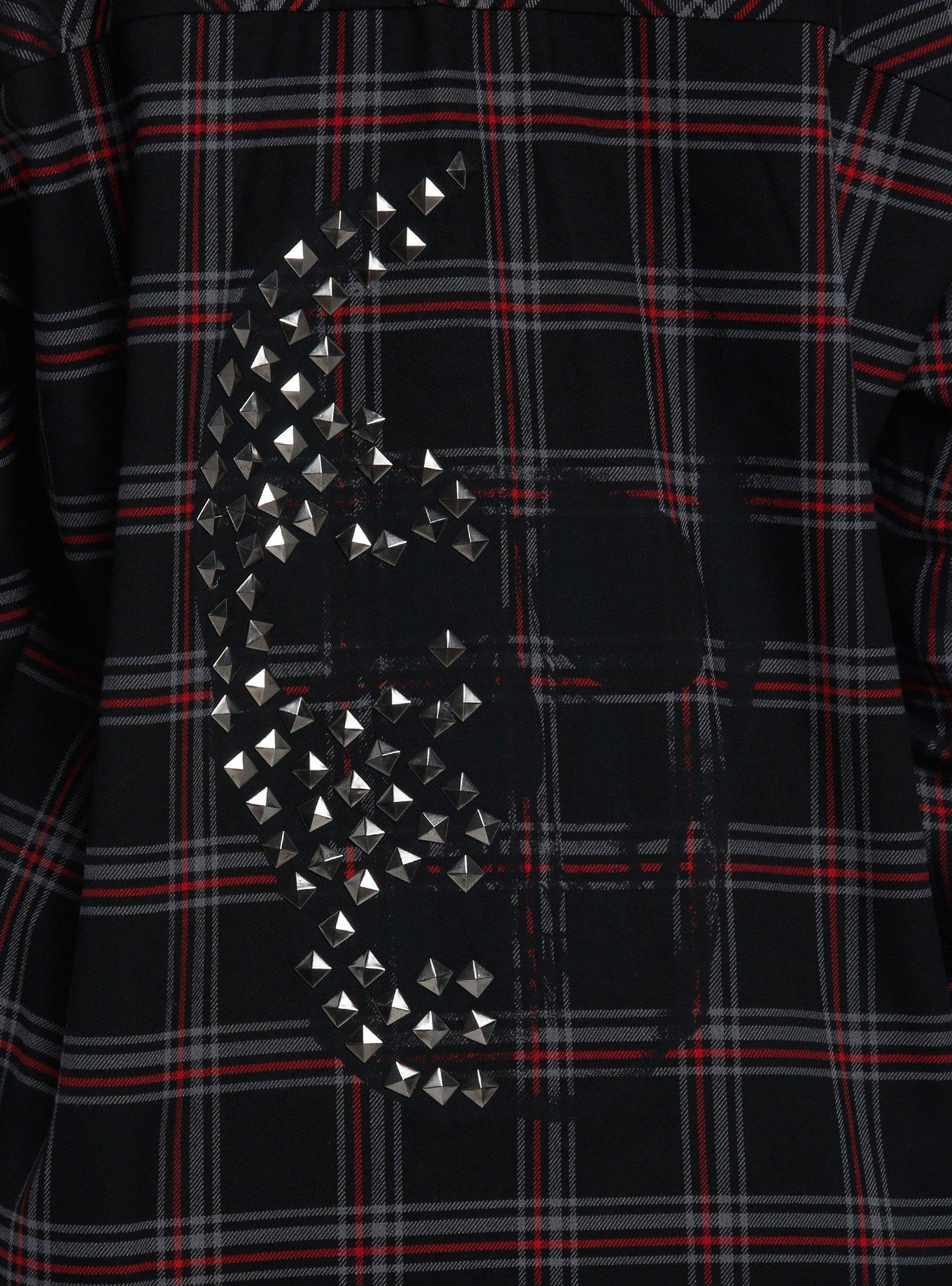 Social Collision Black & Red Plaid Skull Stud Girls Flannel Button-Up, RED, alternate