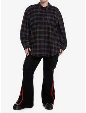 Social Collision Black & Red Plaid Skull Stud Girls Flannel Button-Up Plus Size, , hi-res
