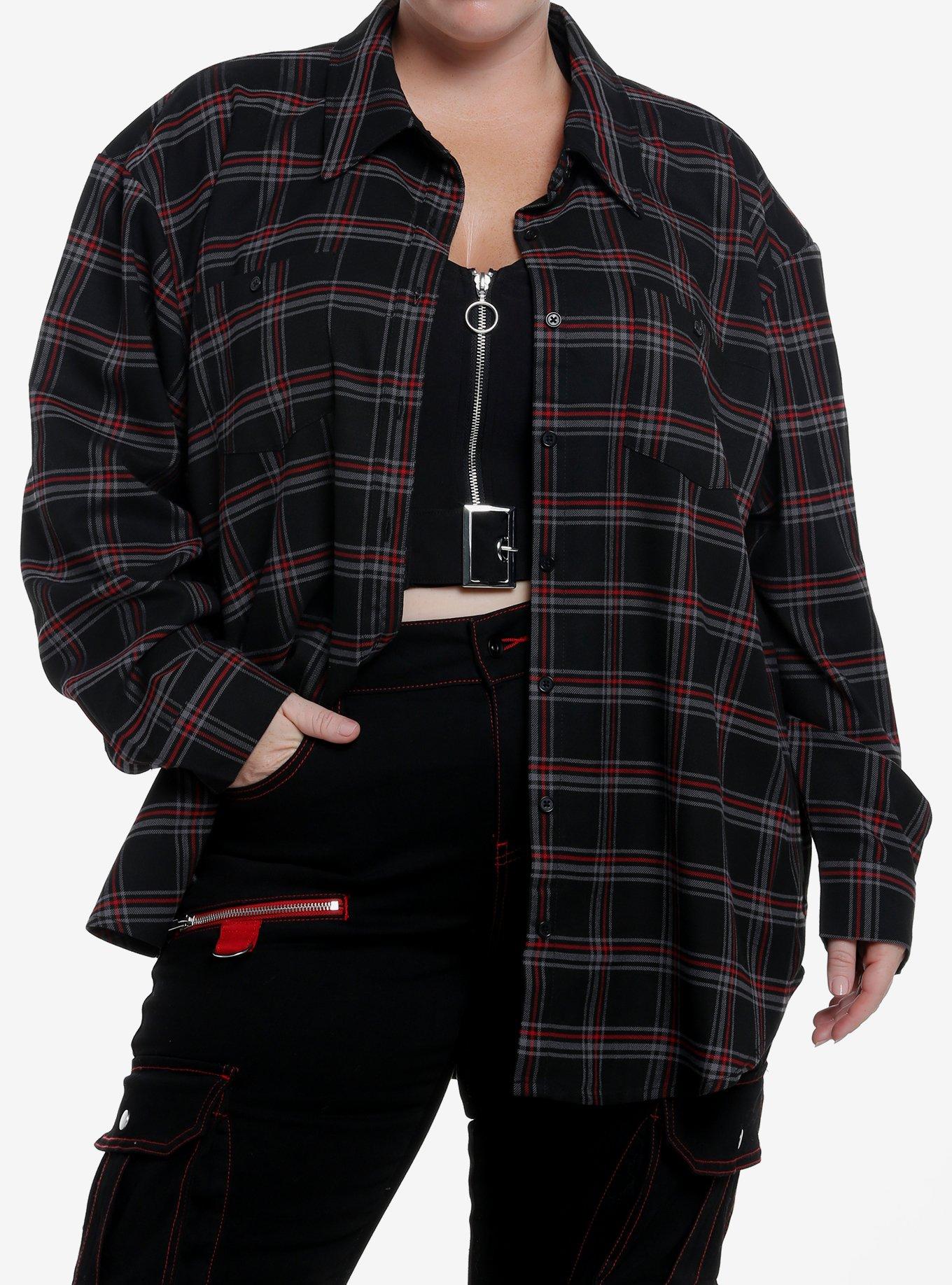 Social Collision Black & Red Plaid Skull Stud Girls Flannel Button-Up Plus Size, RED, alternate