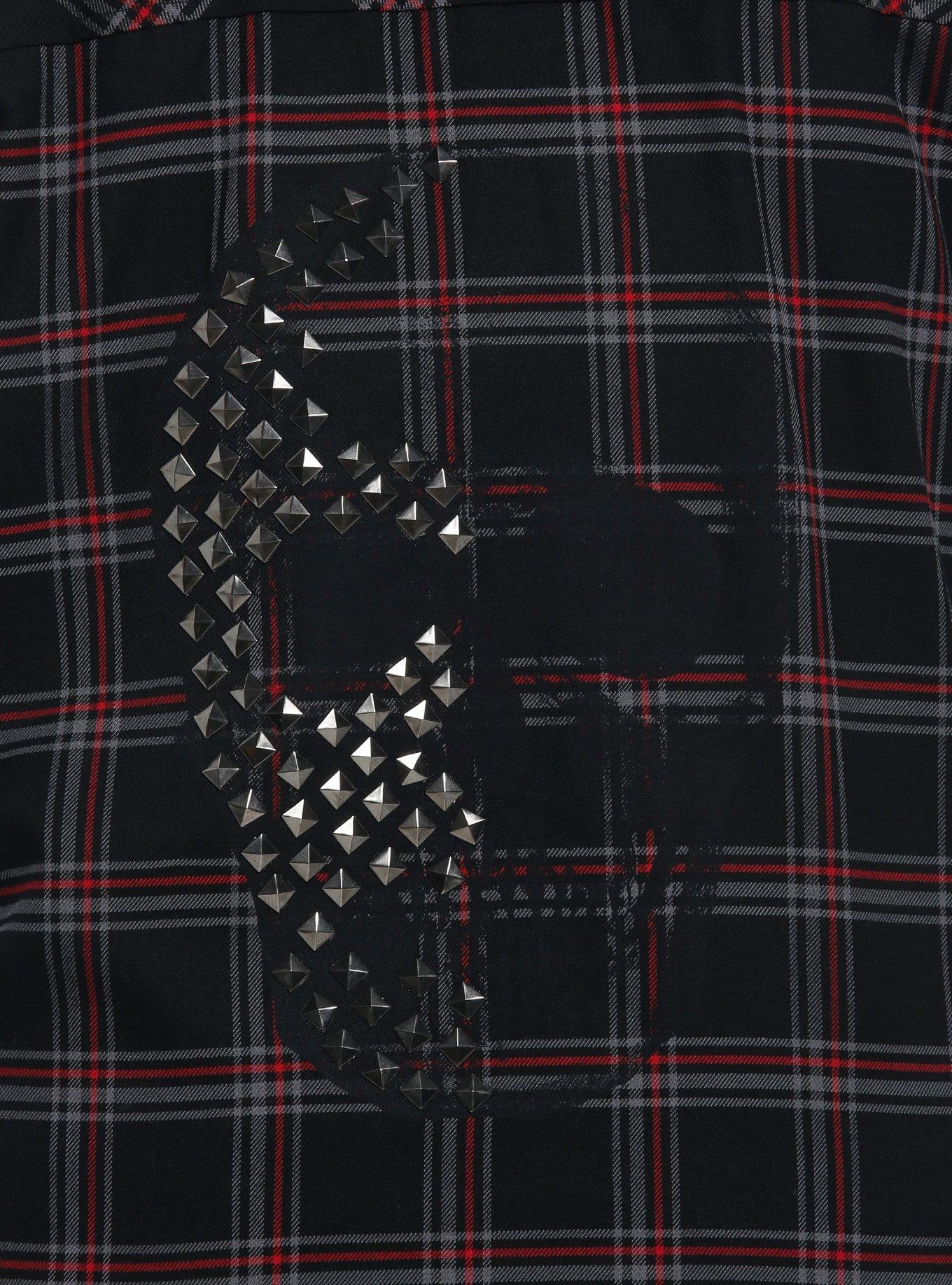 Social Collision Black & Red Plaid Skull Stud Girls Flannel Button-Up Plus Size, RED, alternate