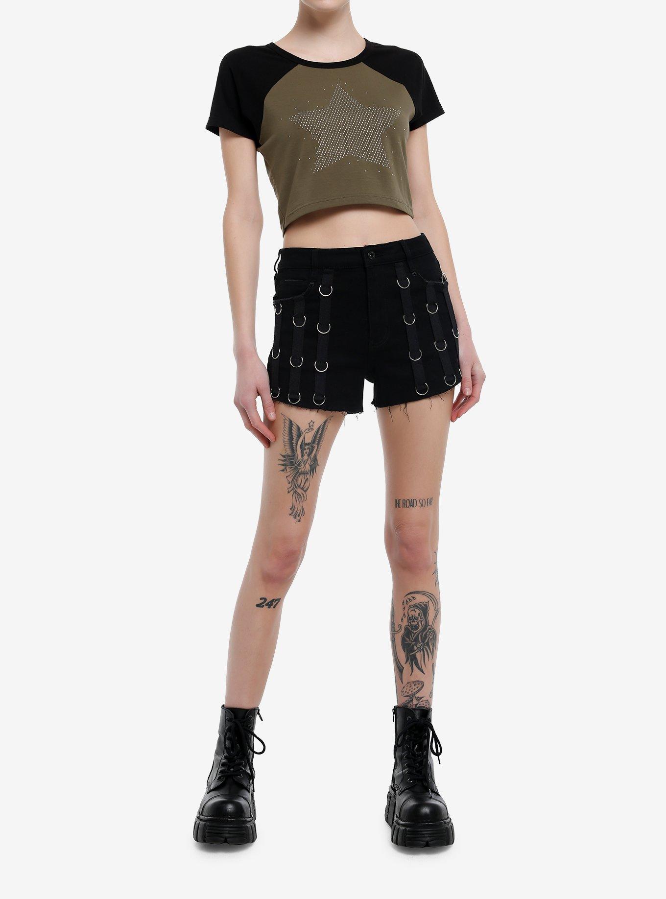 Star Rhinestone Dark Raglan Girls Crop T-Shirt, BLACK, alternate