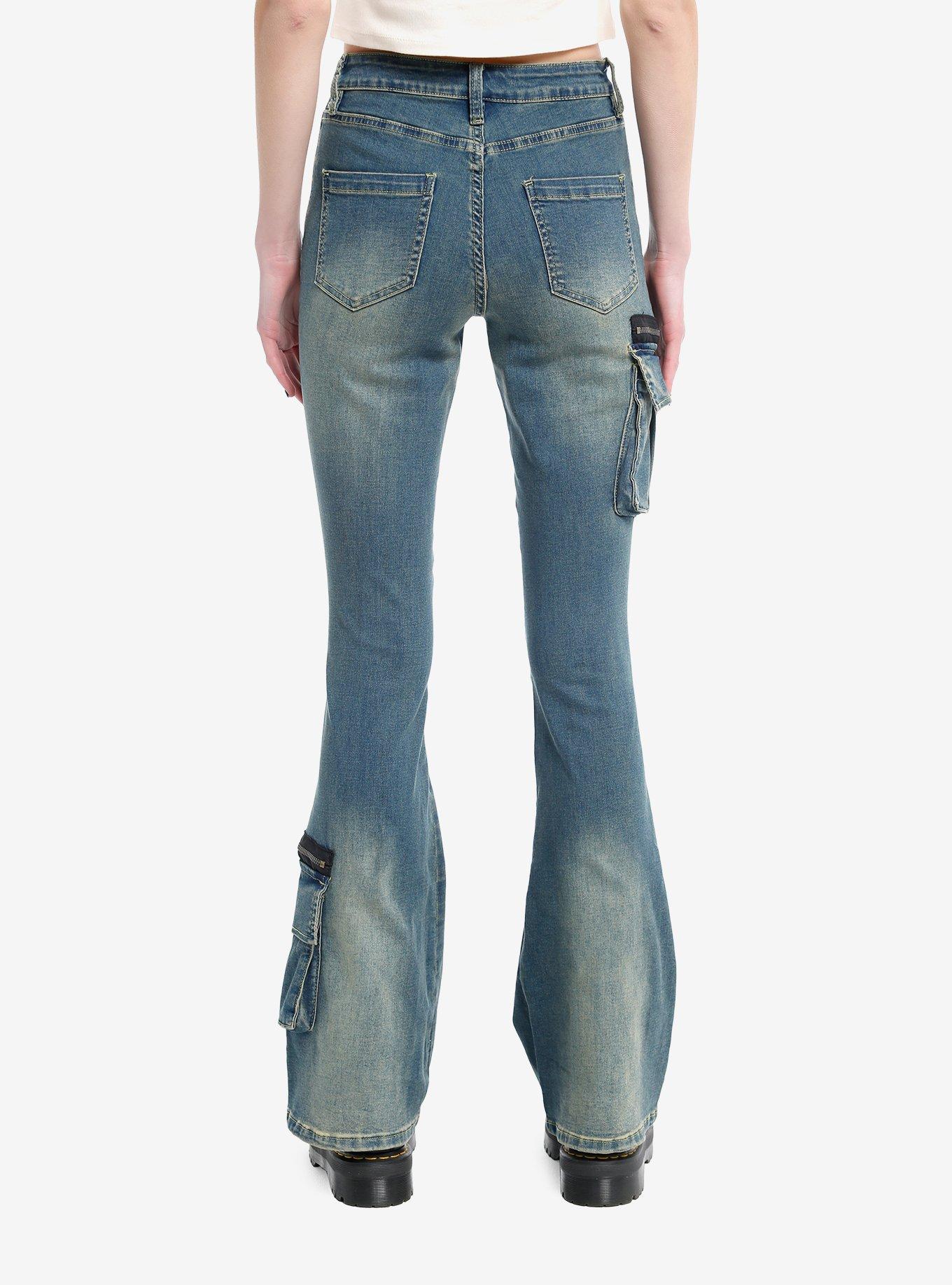 Destructed Zipper Flare Denim Pants, NAVY, alternate