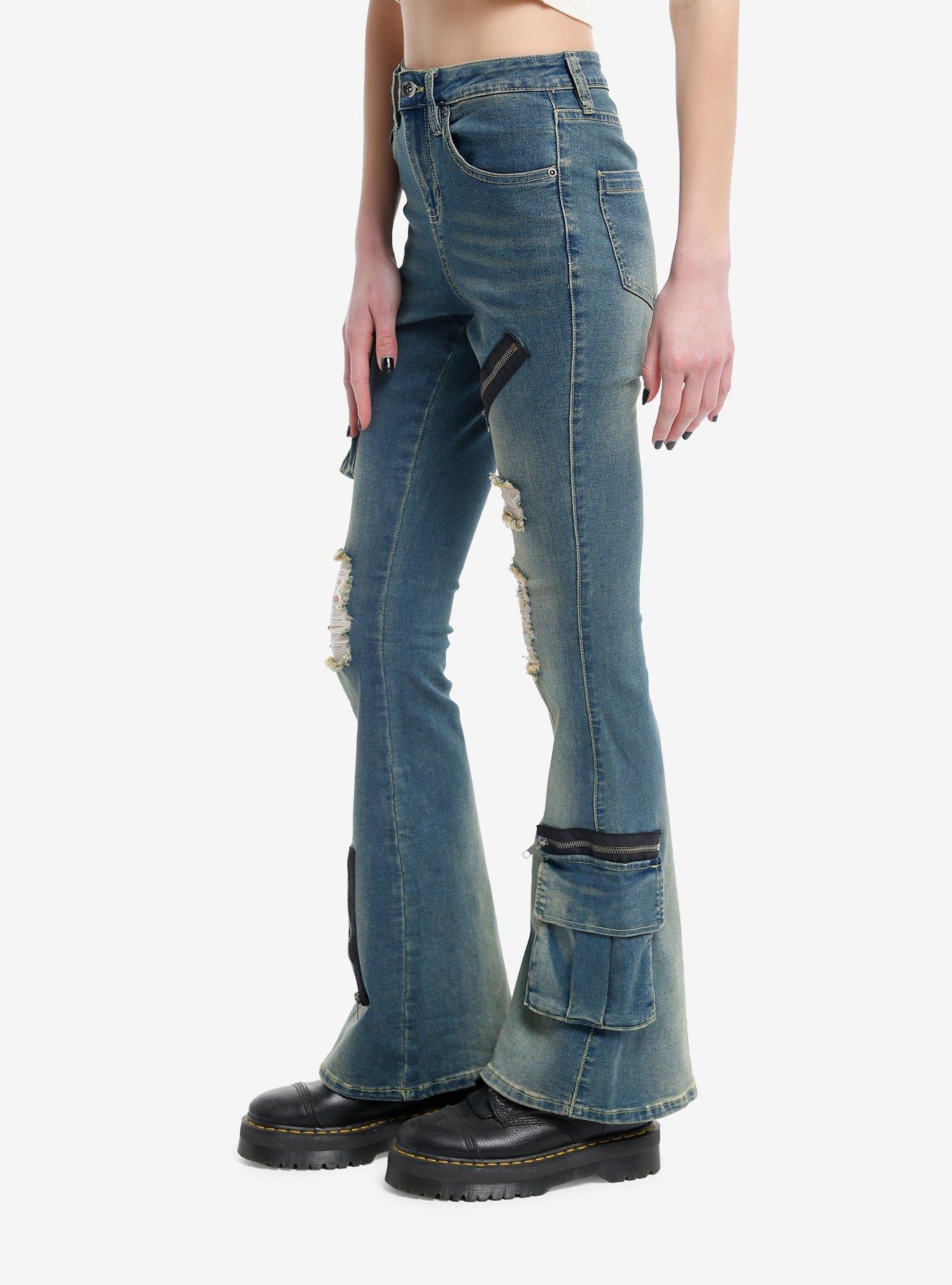 Destructed Zipper Flare Denim Pants, NAVY, alternate
