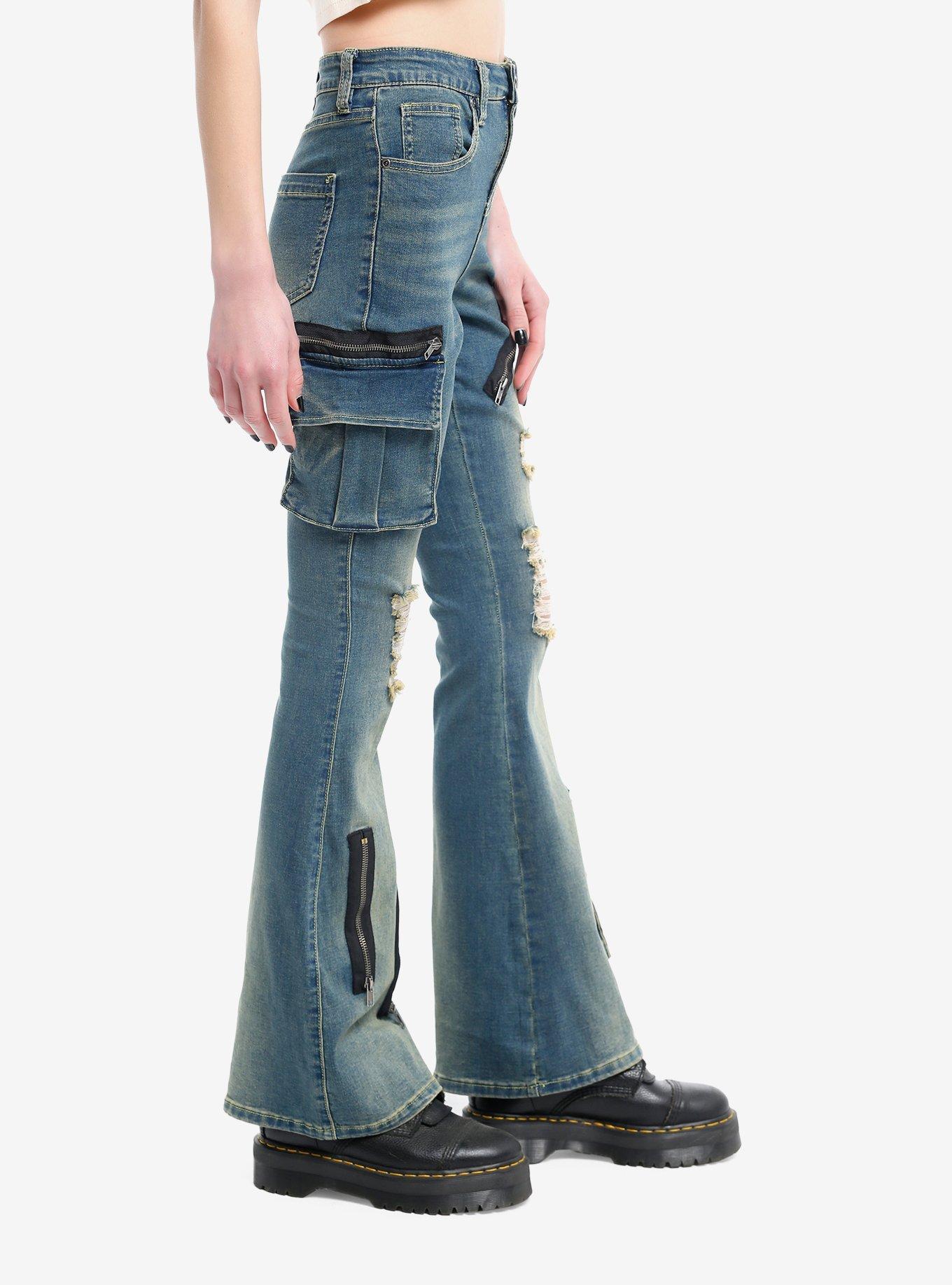 Destructed Zipper Flare Denim Pants, NAVY, alternate