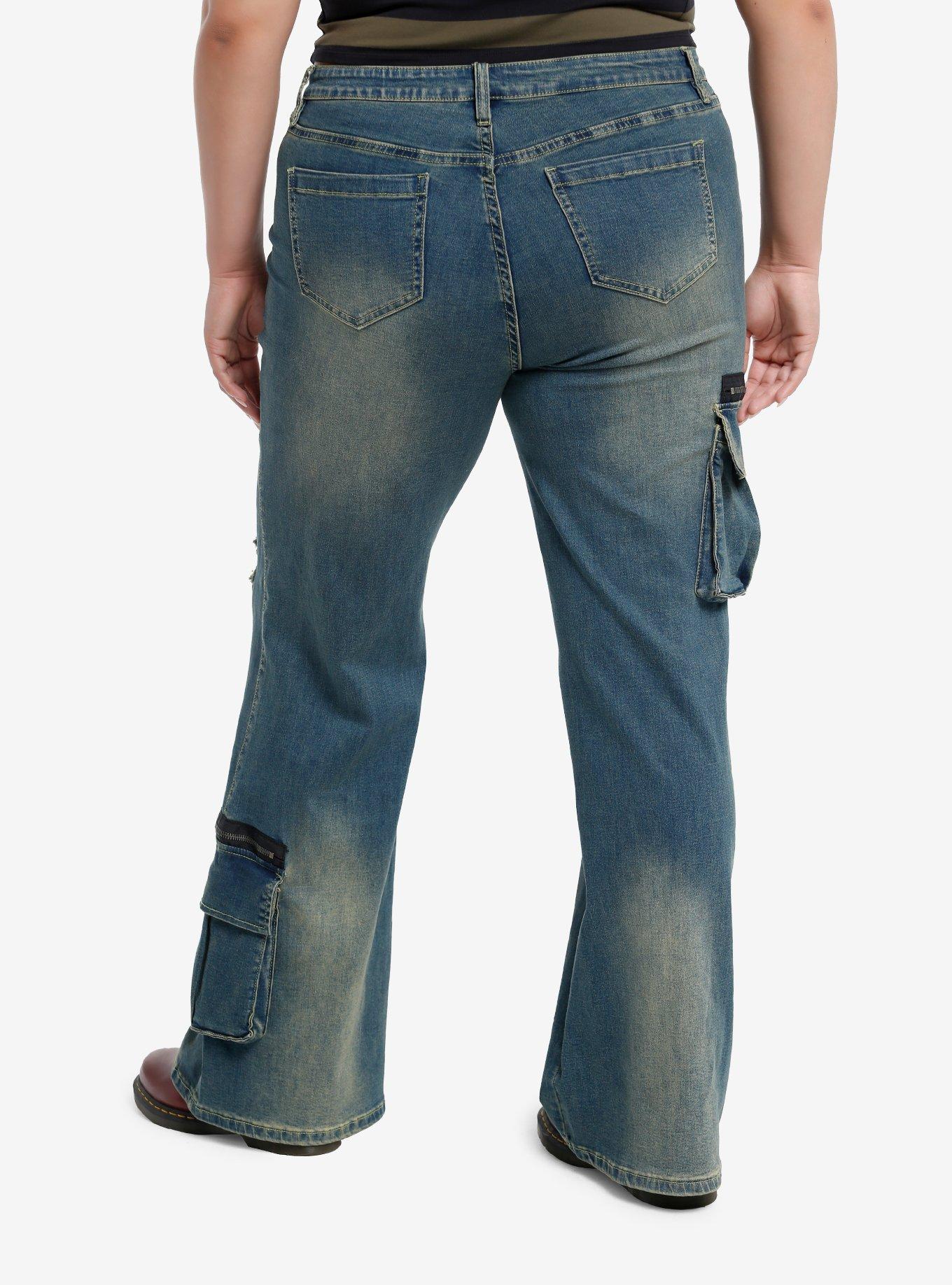 Destructed Zipper Flare Denim Pants Plus Size, NAVY, alternate