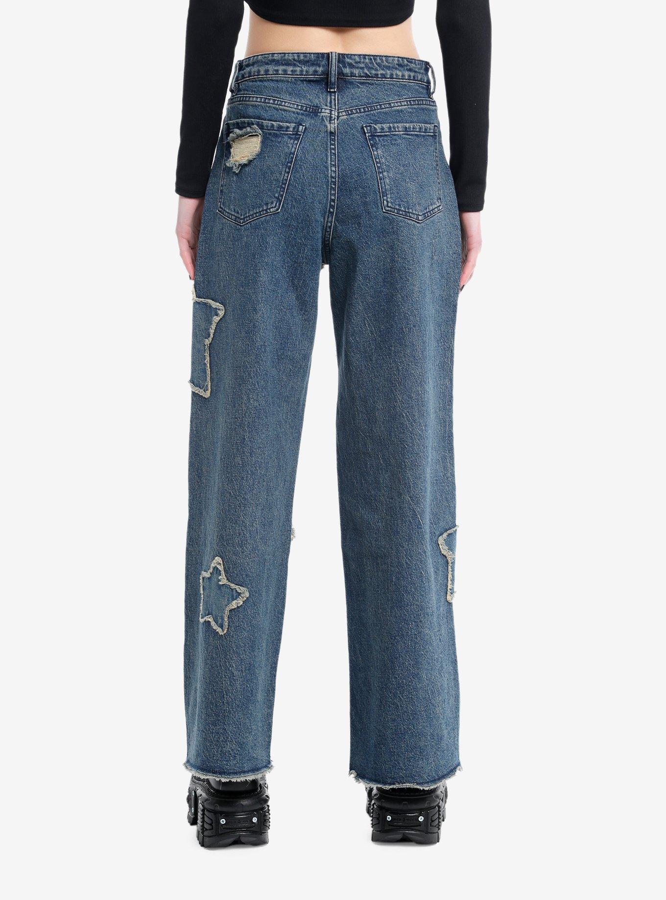 Social Collision Star Patch Wide Leg Denim Jeans, , hi-res