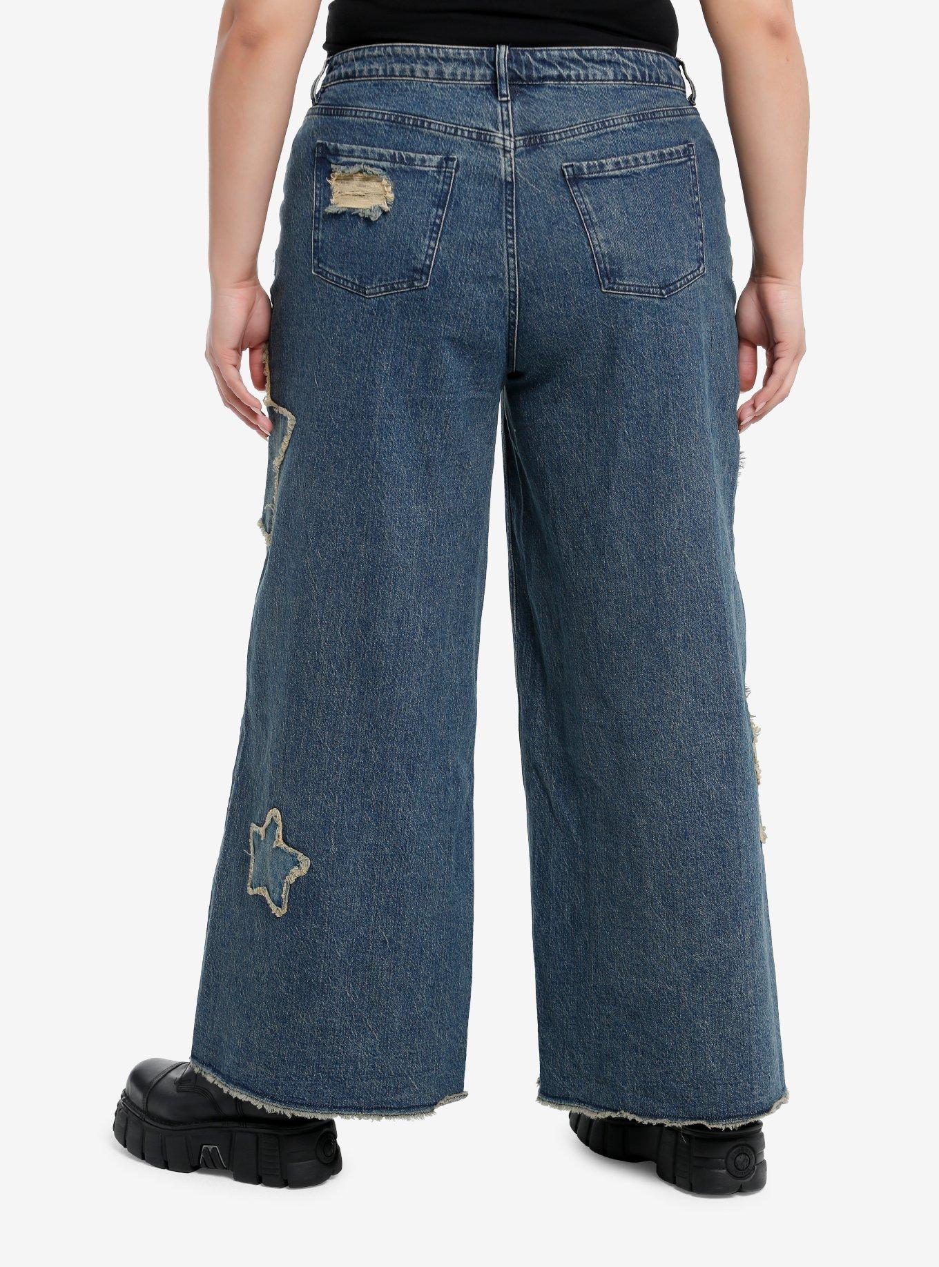 Star Patch Wide Leg Denim Jeans Plus Size, , hi-res